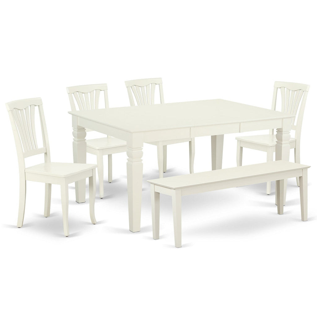 WEAV6-LWH-W 6Pc Dining Room Set - 42x60" Rectangular Table, 4 Wood Seat Chairs and a Bench - Linen White Color