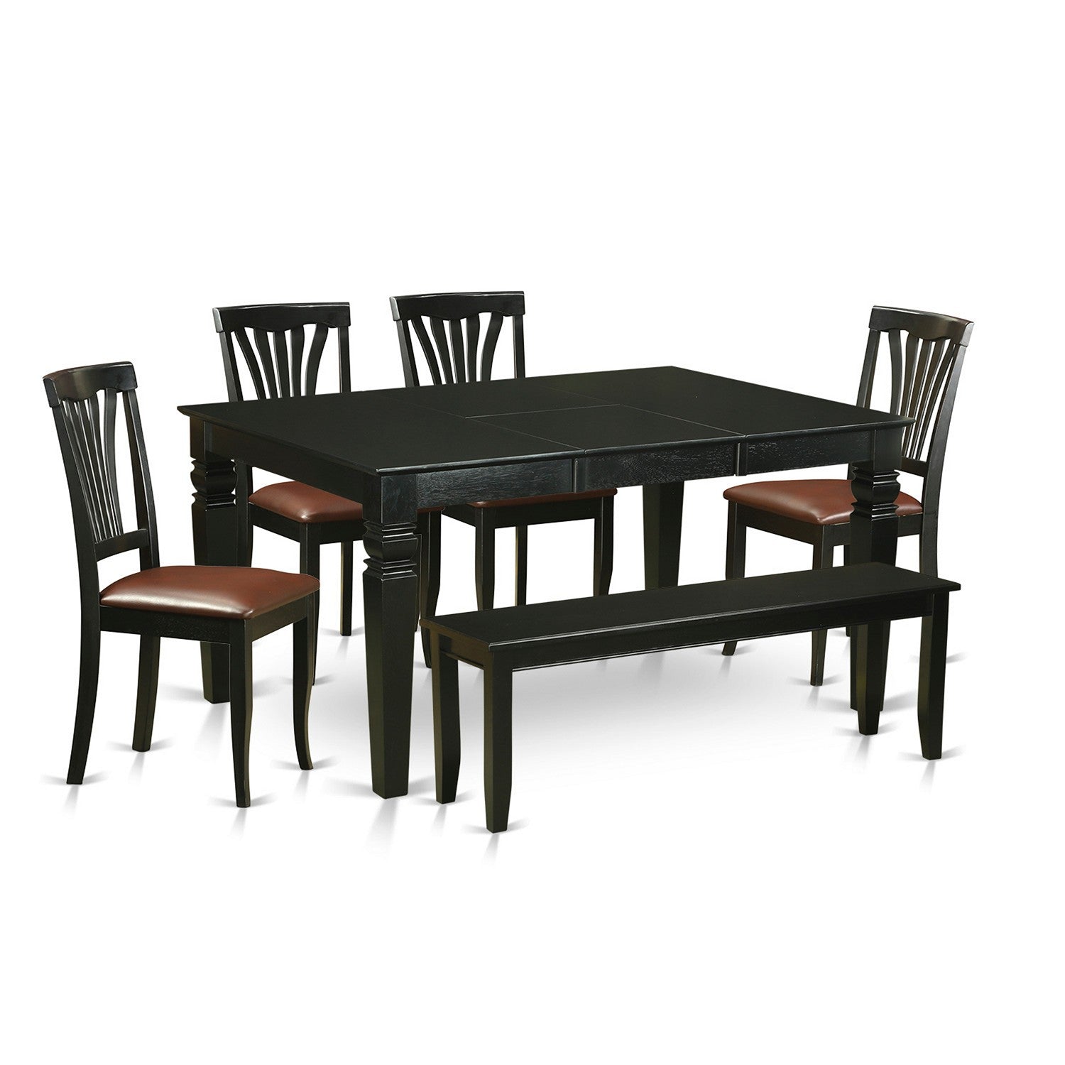 Juego de mesa de comedor moderna de 6 piezas East West Furniture WEAV6D-BLK-LC. Contiene una mesa rectangular de madera con hojas de mariposa y 4 sillas de comedor de piel sintética con un banco.