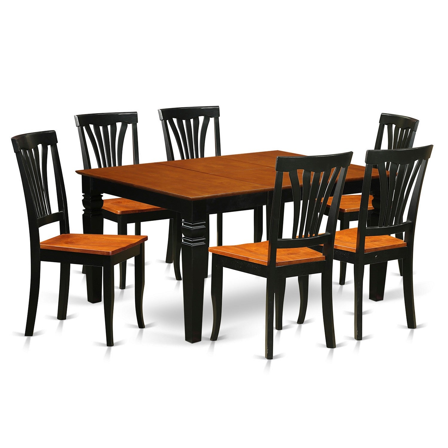Juego de mesa de comedor moderna de 7 piezas East West Furniture WEAV7-BCH-W compuesto por una mesa rectangular de madera con diseño de hojas de mariposa y 6 sillas de comedor.