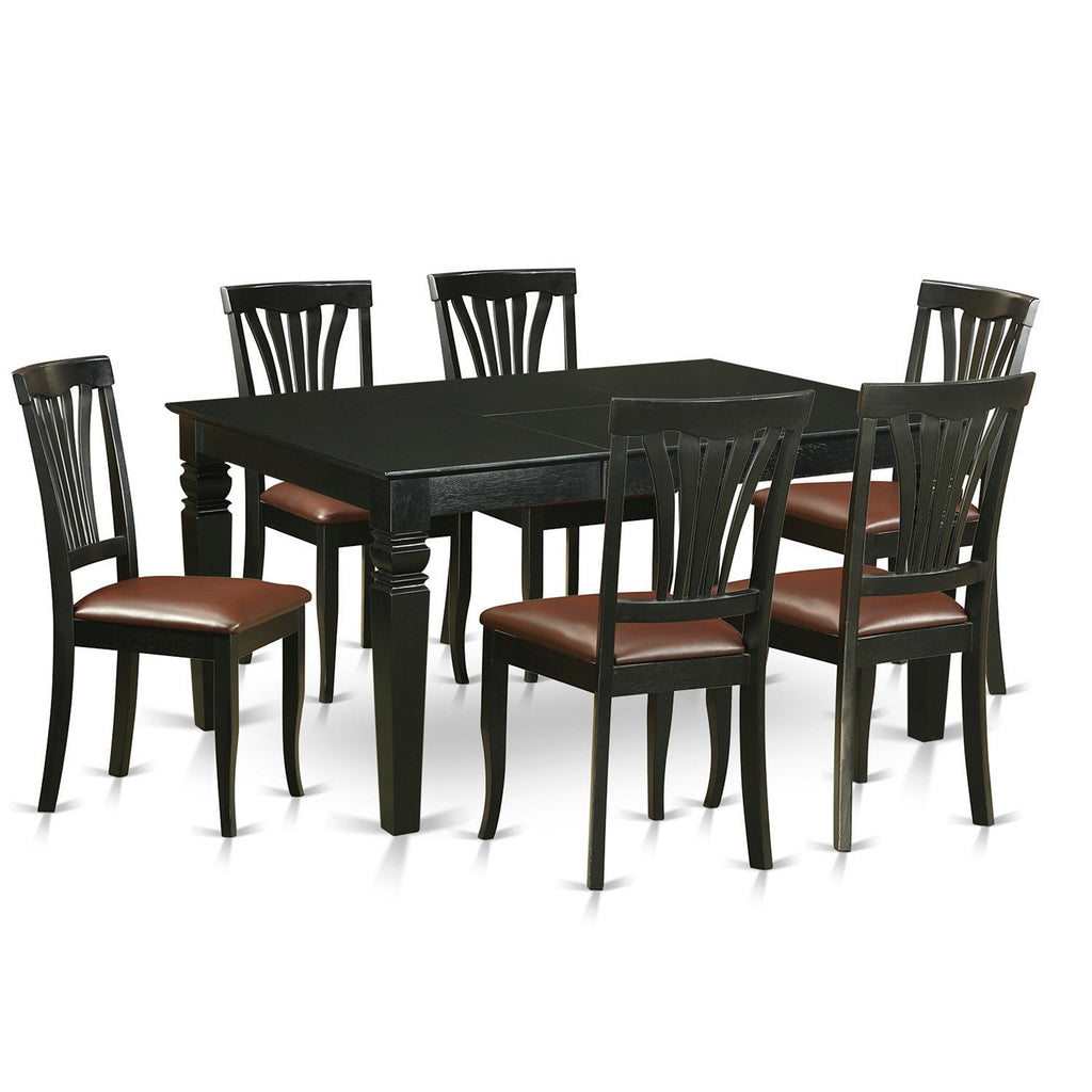 Juego de mesa de cocina de 7 piezas East West Furniture WEAV7-BLK-LC compuesto por una mesa de comedor rectangular con diseño de hojas de mariposa y 6 sillas de comedor de piel sintética.