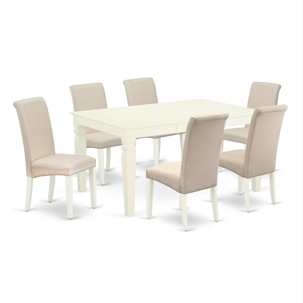 East West Furniture WEBA7-WHI-01 7 Piece Dining Table Set Consist of a Rectangle Kitchen Table with Butterfly Leaf and 6 Cream Linen Fabric Upholstered Chairs