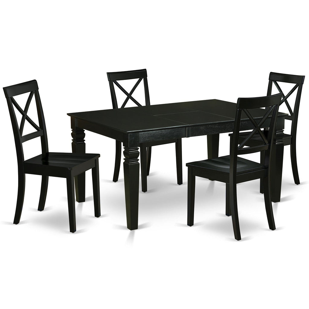 El juego de mesa de comedor de 5 piezas WEBO5-BLK-W de East West Furniture incluye una mesa de cocina rectangular con diseño de hojas de mariposa y 4 sillas de comedor.