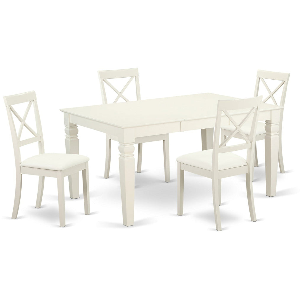 El juego de comedor de 5 piezas East West Furniture WEBO5-LWH-LC incluye una mesa de comedor rectangular con diseño de hojas de mariposa y 4 sillas de cocina tapizadas en piel sintética.
