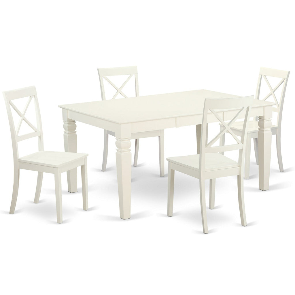Juego de comedor de 5 piezas East West Furniture WEBO5-LWH-W para 4 personas. Incluye una mesa de comedor rectangular con diseño de hojas de mariposa y 4 sillas de comedor.