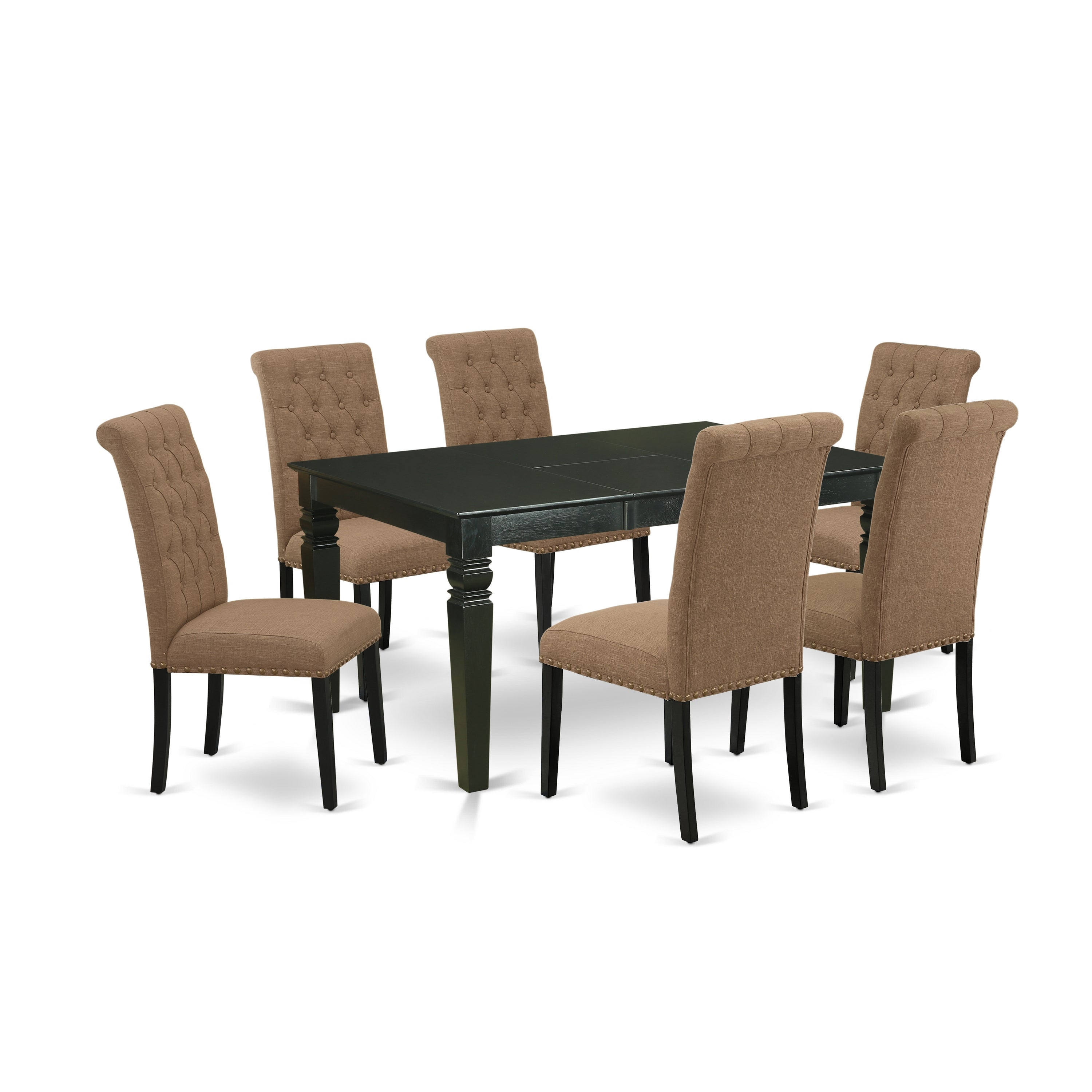 Juego de comedor de 7 piezas East West Furniture WEBR7-BLK-17 compuesto por una mesa de comedor rectangular con diseño de hojas de mariposa y 6 sillas Parsons de tela de lino color sable claro.
