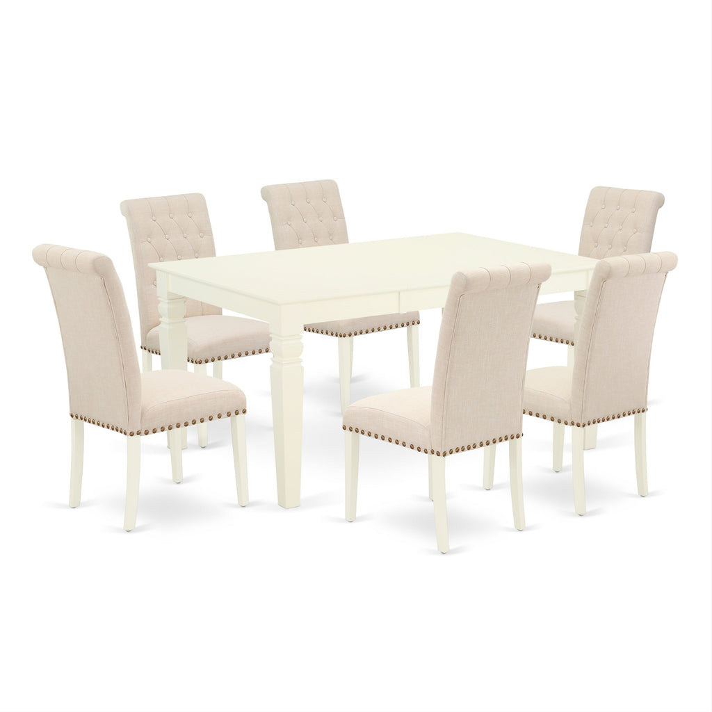East West Furniture WEBR7-WHI-02 7 Piece Kitchen Table Set Consist of a Rectangle Dining Table with Butterfly Leaf and 6 Light Beige Linen Fabric Parson Chairs