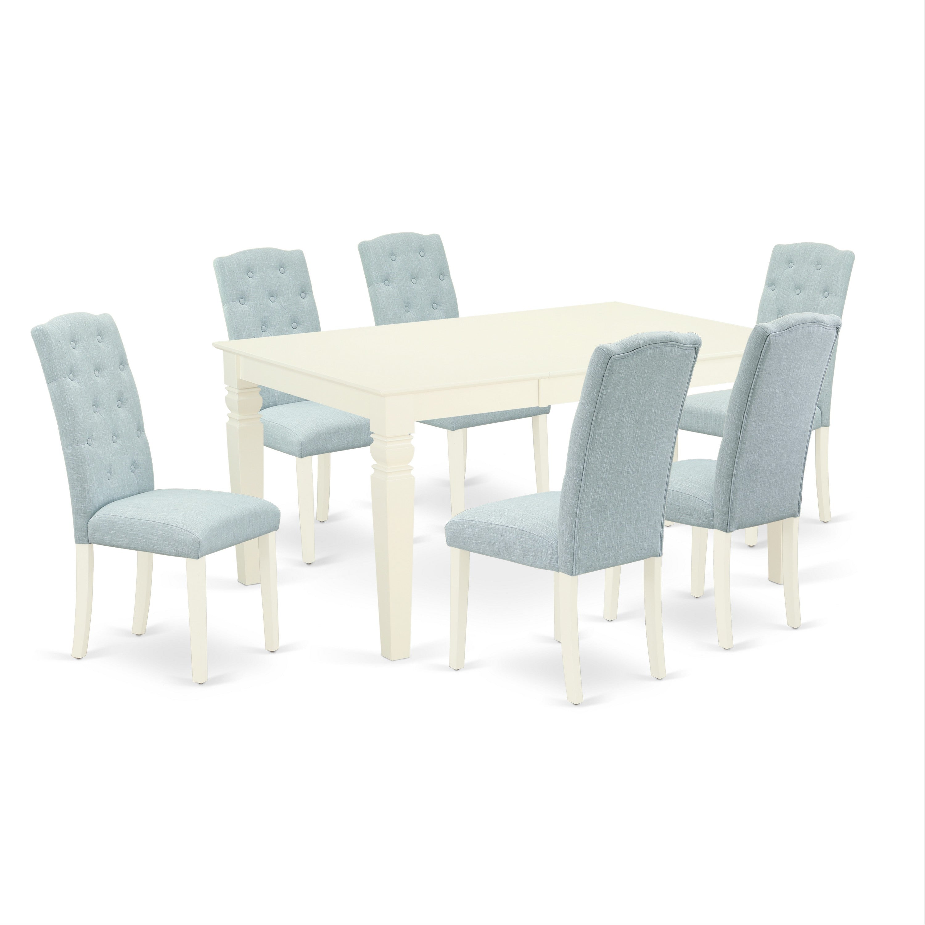 Juego de mesa de comedor East West Furniture WECE7-WHI-15 de 7 piezas compuesto por una mesa rectangular de madera con hojas de mariposa y 6 sillas tapizadas en tela de lino azul bebé.