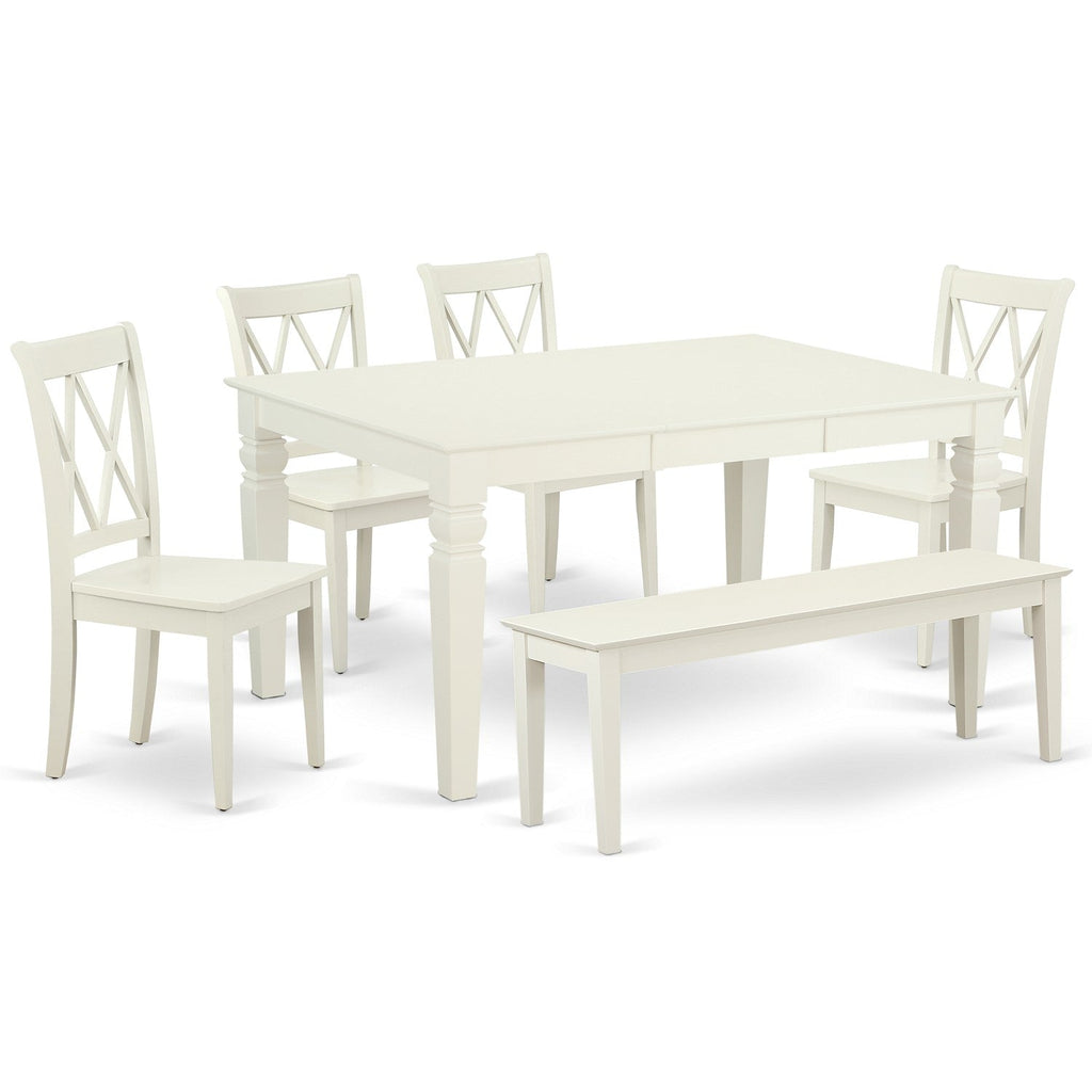 Juego de muebles de comedor East West Furniture WECL6C-LWH-W de 6 piezas. Contiene una mesa de cocina rectangular con hojas de mariposa y 4 sillas de comedor con un banco.