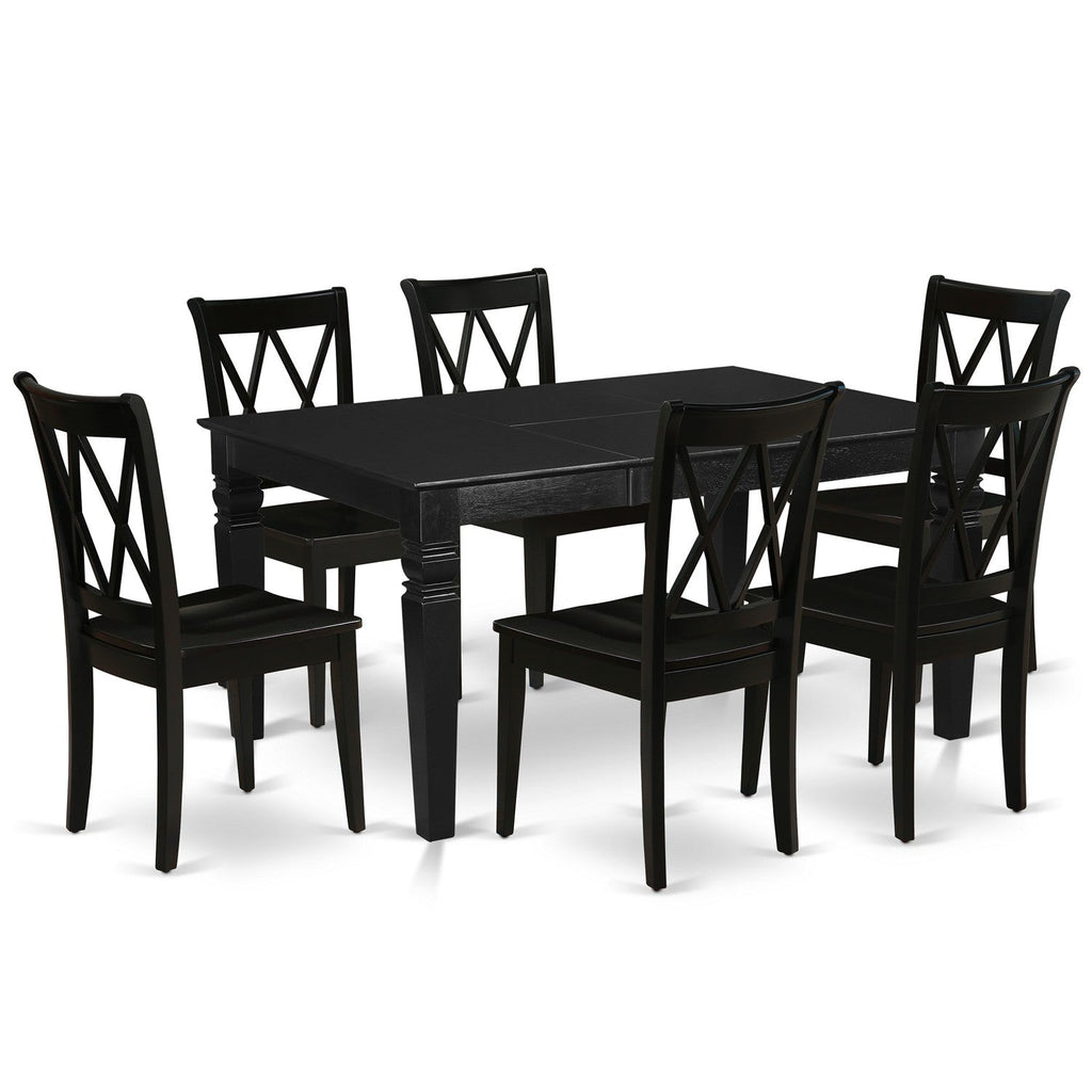 Juego de mesa y sillas de cocina de 7 piezas East West Furniture WECL7-BLK-W. Incluye una mesa de comedor rectangular con diseño de hojas de mariposa y 6 sillas de comedor.