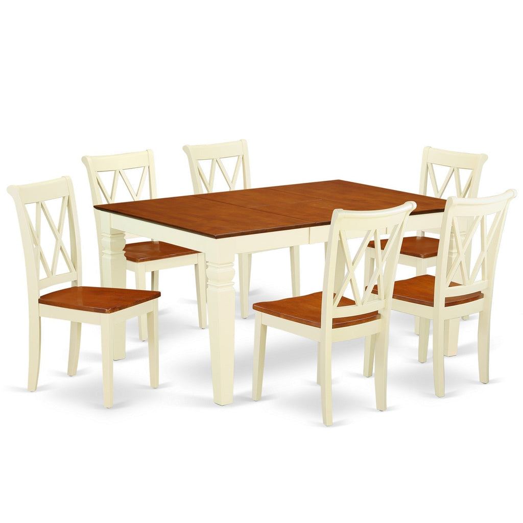 Juego de comedor East West Furniture WECL7-BMK-W de 7 piezas compuesto por una mesa de cocina rectangular con diseño de hojas de mariposa y 6 sillas de comedor.