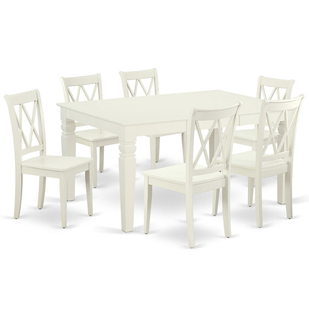 Juego de mesa de comedor East West Furniture WECL7-LWH-W de 7 piezas compuesto por una mesa de cocina rectangular con diseño de hojas de mariposa y 6 sillas de comedor.