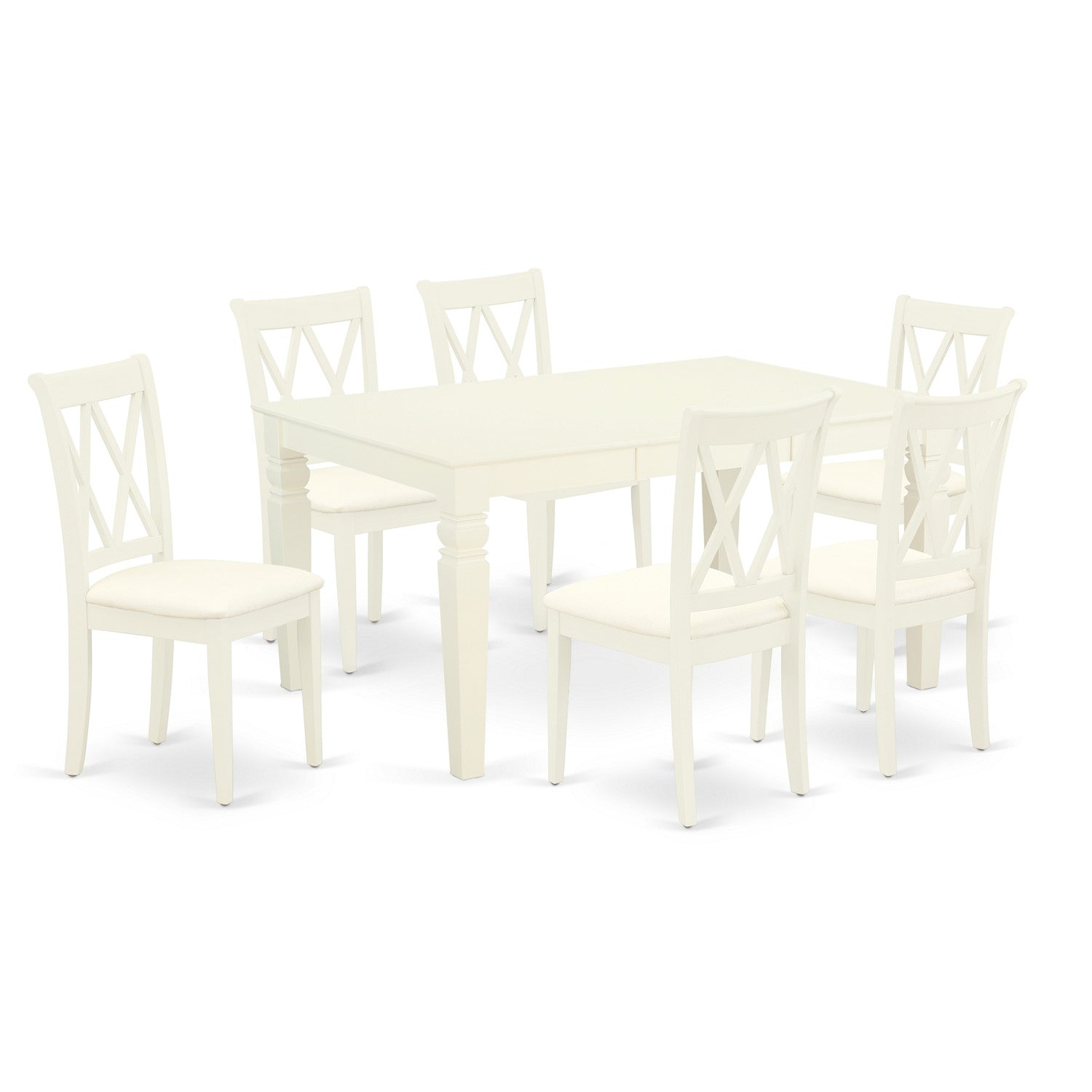 WECL7-WHI-C 7Pc Dinette Set Includes a Rectangular Kitchen Table with Butterfly Leaf and Six Double X Back Linen Seat Dining Chairs, White Finish