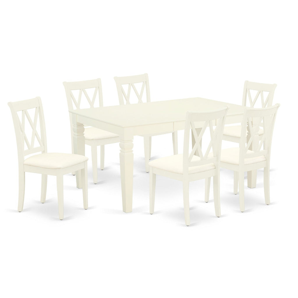 Juego de mesa y sillas de cocina East West Furniture WECL7-WHI-C de 7 piezas. Incluye una mesa de comedor rectangular con hojas de mariposa y 6 sillas tapizadas en tela de lino.