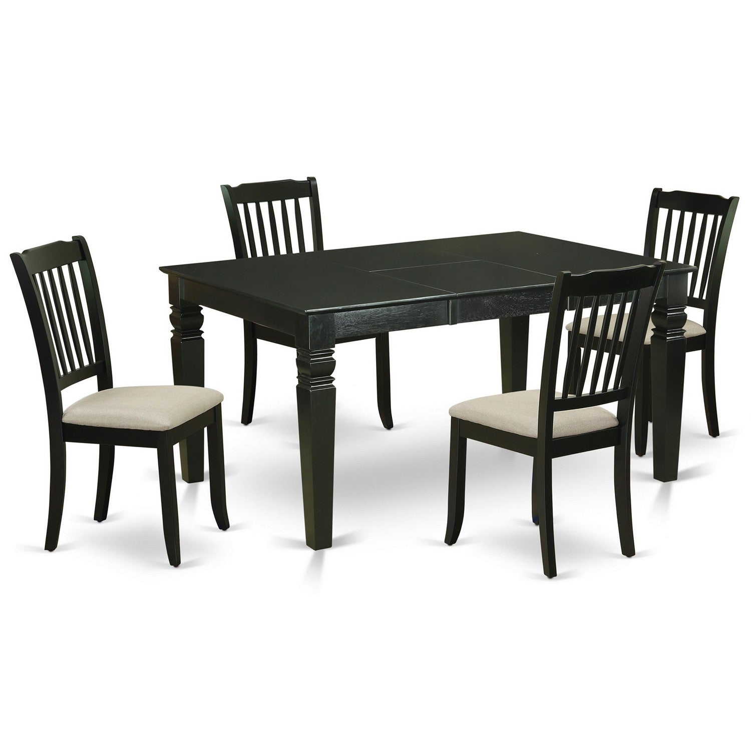 WEDA5-BLK-C 5Pc Dining Set Includes a Rectangle Dinette Table with Butterfly Leaf and Four Vertical Slatted Linen Seat Kitchen Chairs, Black Finish
