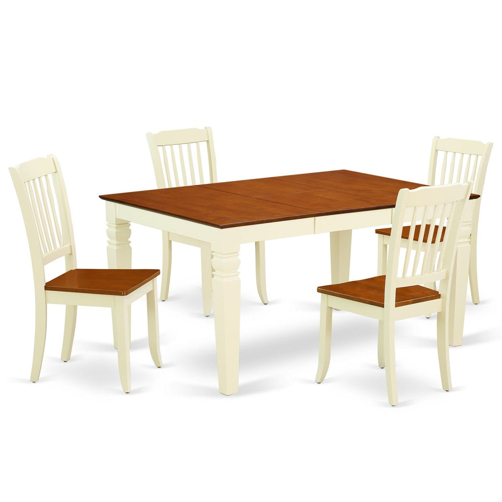 Juego de mesa y sillas de cocina de 5 piezas East West Furniture WEDA5-BMK-W. Incluye una mesa de comedor rectangular con diseño de hojas de mariposa y 4 sillas de comedor.