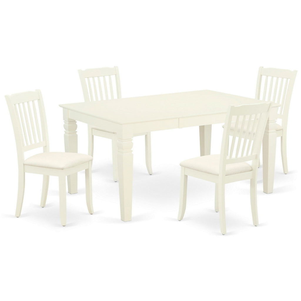 El juego de comedor de 5 piezas East West Furniture WEDA5-WHI-C incluye una mesa de comedor rectangular con hojas de mariposa y 4 sillas tapizadas en tela de lino.