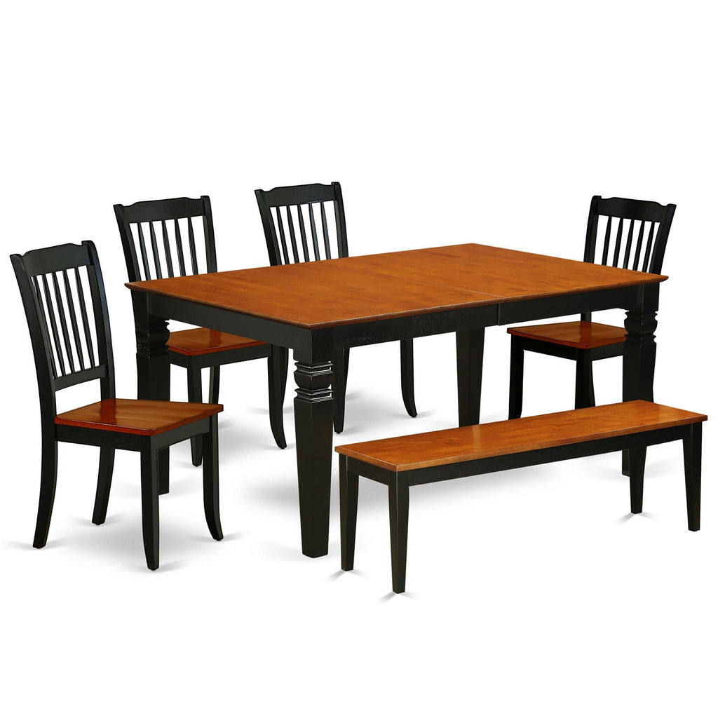 Juego de comedor de 6 piezas East West Furniture WEDA6N-BCH-W. Contiene una mesa de comedor rectangular con hojas de mariposa y 4 sillas de cocina con un banco.