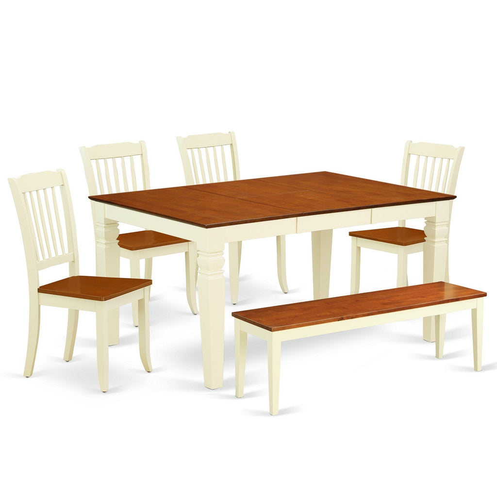 Juego de mesa de cocina de 6 piezas East West Furniture WEDA6N-BMK-W. Contiene una mesa de comedor rectangular con hojas de mariposa y 4 sillas de comedor con un banco.