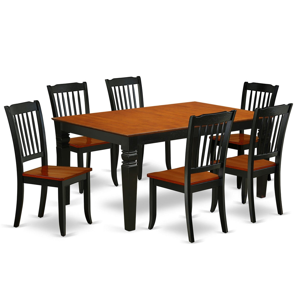 Juego de mesa de comedor moderna de 7 piezas East West Furniture WEDA7-BCH-W compuesto por una mesa rectangular de madera con diseño de hojas de mariposa y 6 sillas de comedor.