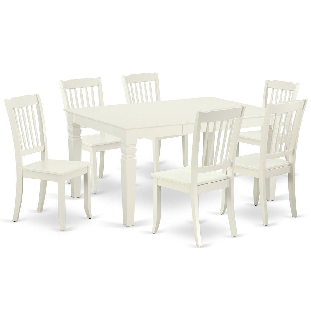 Juego de mesa y sillas de cocina de 7 piezas East West Furniture WEDA7-LWH-W. Incluye una mesa de comedor rectangular con diseño de hojas de mariposa y 6 sillas de comedor.