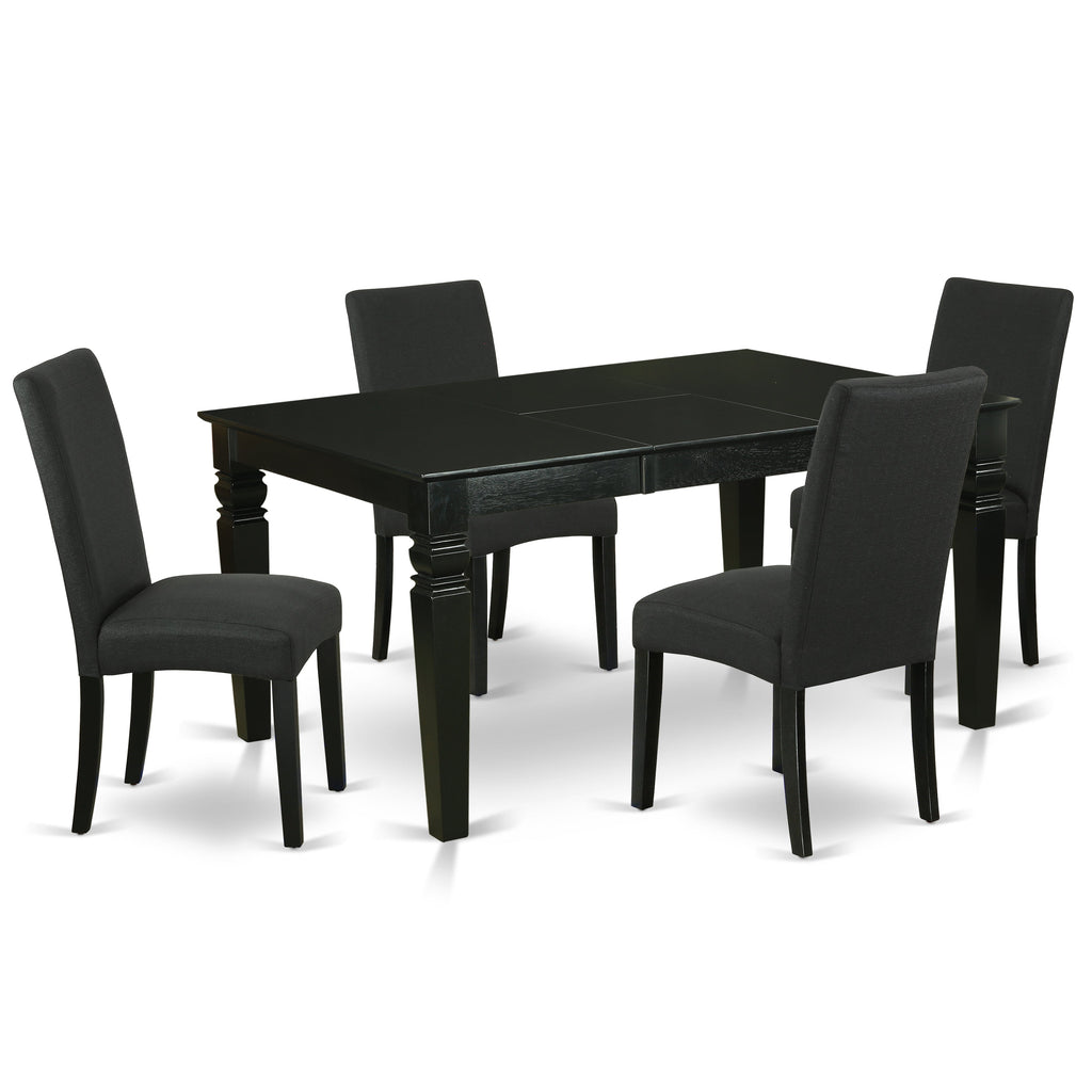 El juego de mesa de cocina de 5 piezas East West Furniture WEDR5-BLK-24 incluye una mesa de comedor rectangular con hojas de mariposa y 4 sillas tapizadas en tela de lino de color negro.
