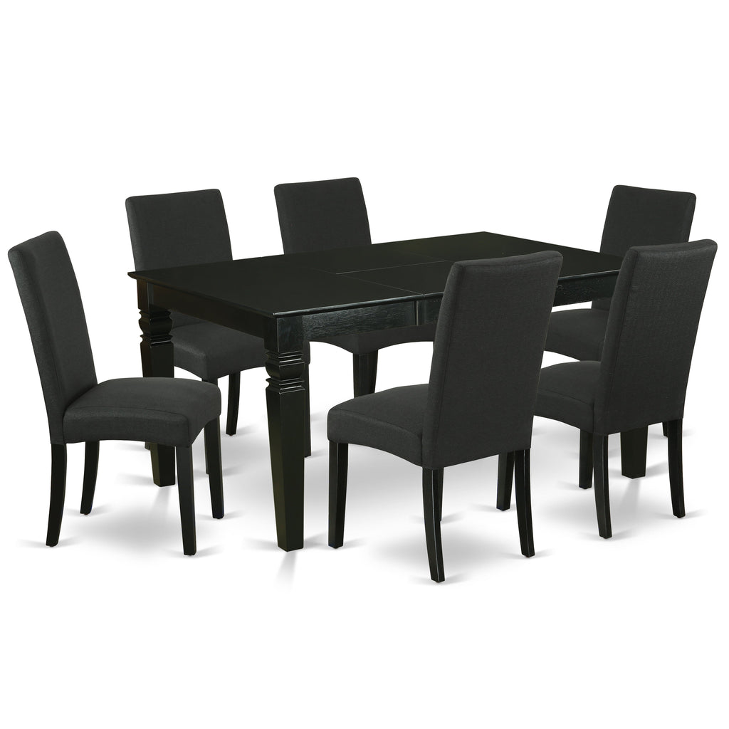Juego de comedor East West Furniture WEDR7-BLK-24 de 7 piezas compuesto por una mesa rectangular con diseño de hojas de mariposa y 6 sillas tapizadas en tela de lino color negro.