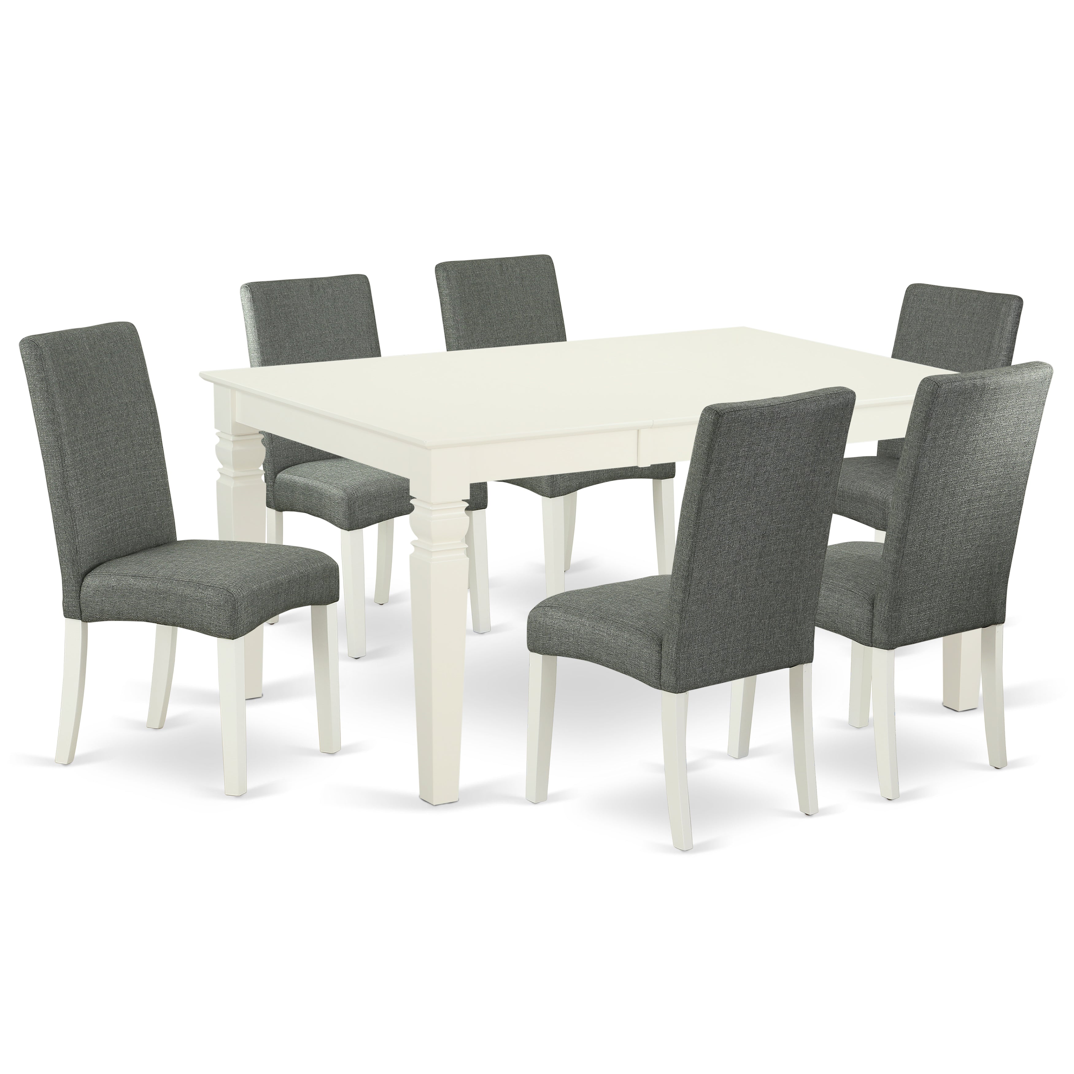 Juego de comedor East West Furniture WEDR7-LWH-07 de 7 piezas compuesto por una mesa rectangular con diseño de hojas de mariposa y 6 sillas Parson tapizadas en tela de lino gris.