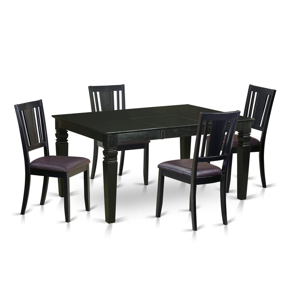 Juego de comedor de 5 piezas East West Furniture WEDU5-BLK-LC para 4 personas. Incluye una mesa de comedor rectangular con diseño de hojas de mariposa y 4 sillas de comedor de piel sintética.