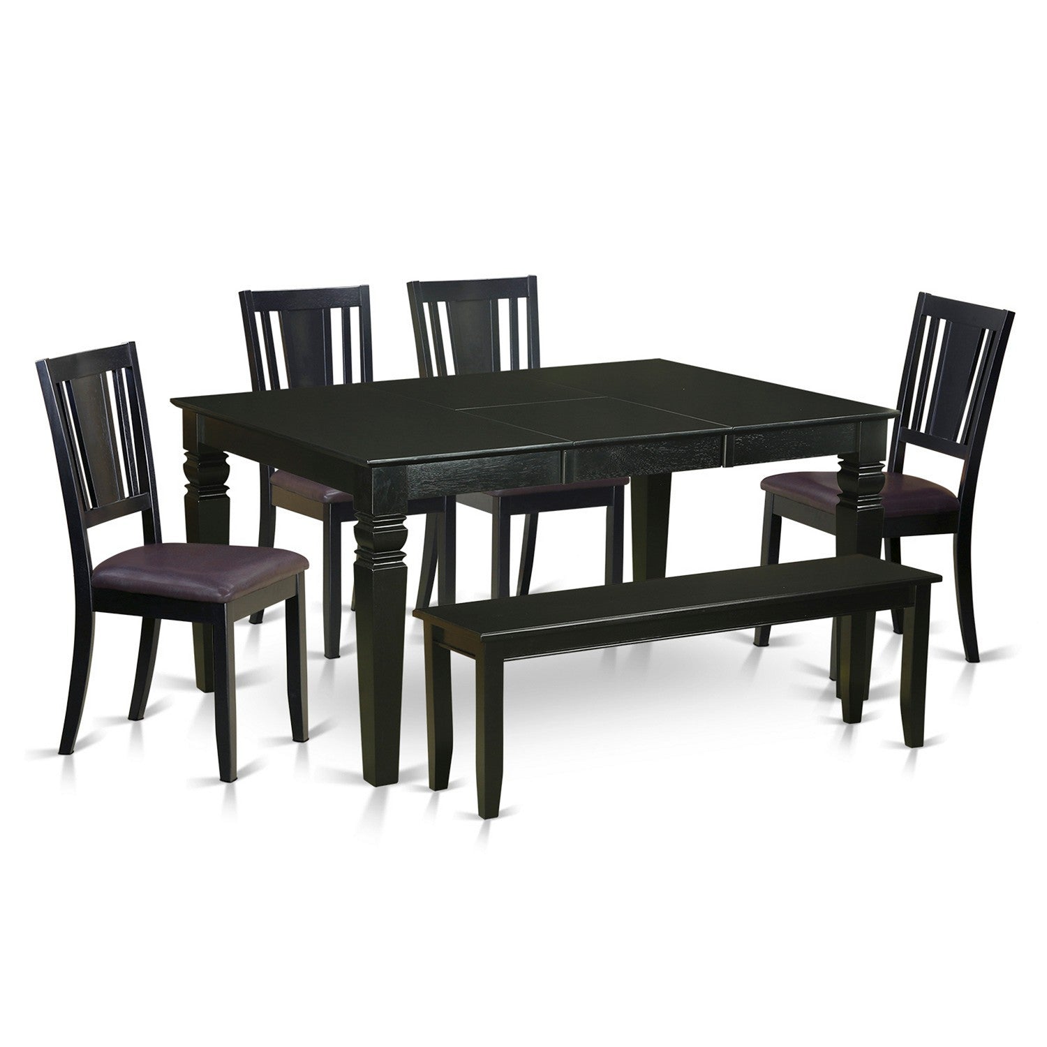 Juego de comedor de 6 piezas East West Furniture WEDU6D-BLK-LC. Contiene una mesa de comedor rectangular con hojas de mariposa y 4 sillas de cocina de cuero sintético con un banco.