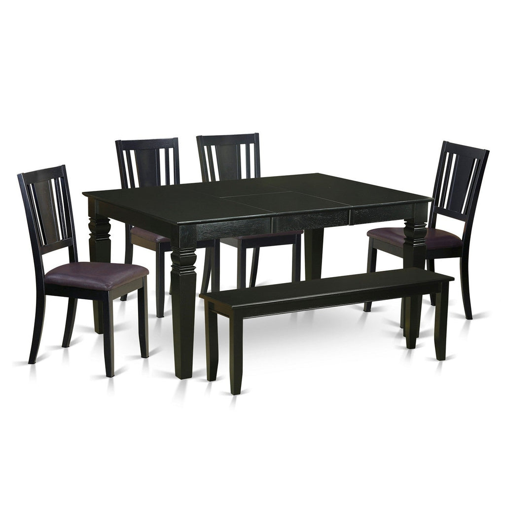 East West Furniture WEDU6D-BLK-LC 6 Piece Dining Set Contains a Rectangle Dining Table with Butterfly Leaf and 4 Faux Leather Kitchen Chairs with a Bench