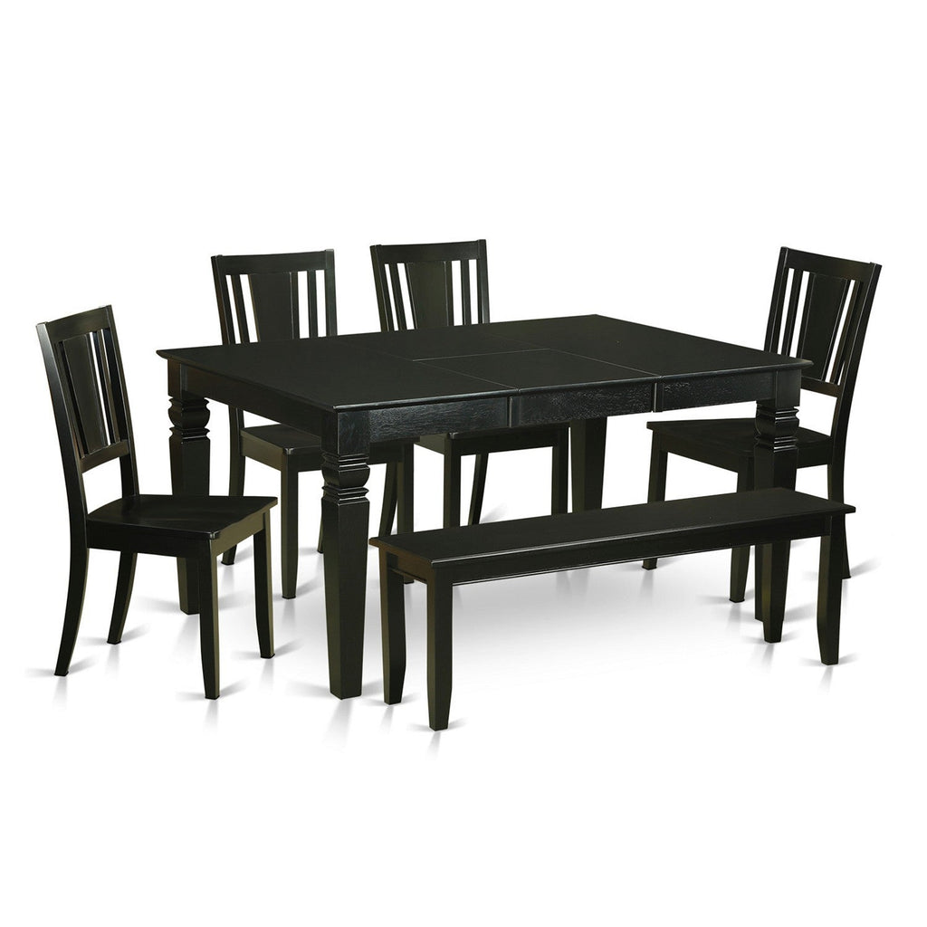 East West Furniture WEDU6D-BLK-W 6 Piece Dining Table Set Contains a Rectangle Wooden Table with Butterfly Leaf and 4 Dining Room Chairs with a Bench