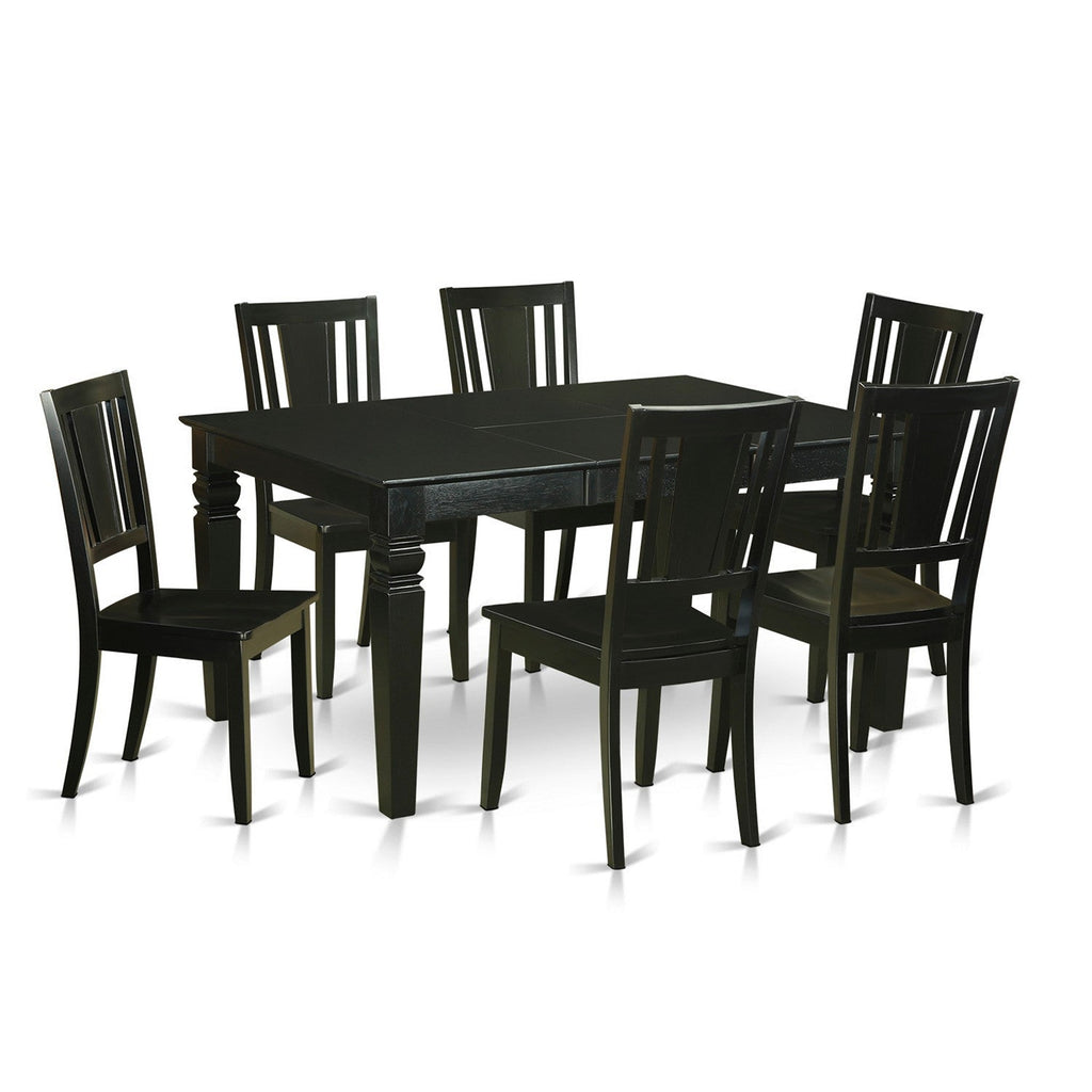 Juego de mesa de cocina de 7 piezas East West Furniture WEDU7-BLK-W compuesto por una mesa de comedor rectangular con hojas de mariposa y 6 sillas de comedor.