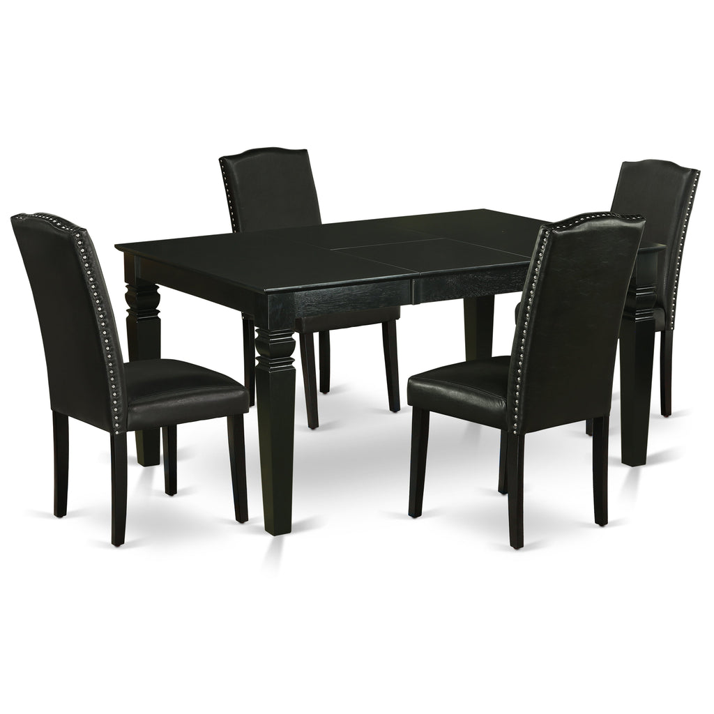 El juego de mesa de comedor moderno de 5 piezas East West Furniture WEEN5-BLK-69 incluye una mesa rectangular de madera con diseño de hojas de mariposa y 4 sillas de comedor Parsons de cuero sintético negro.