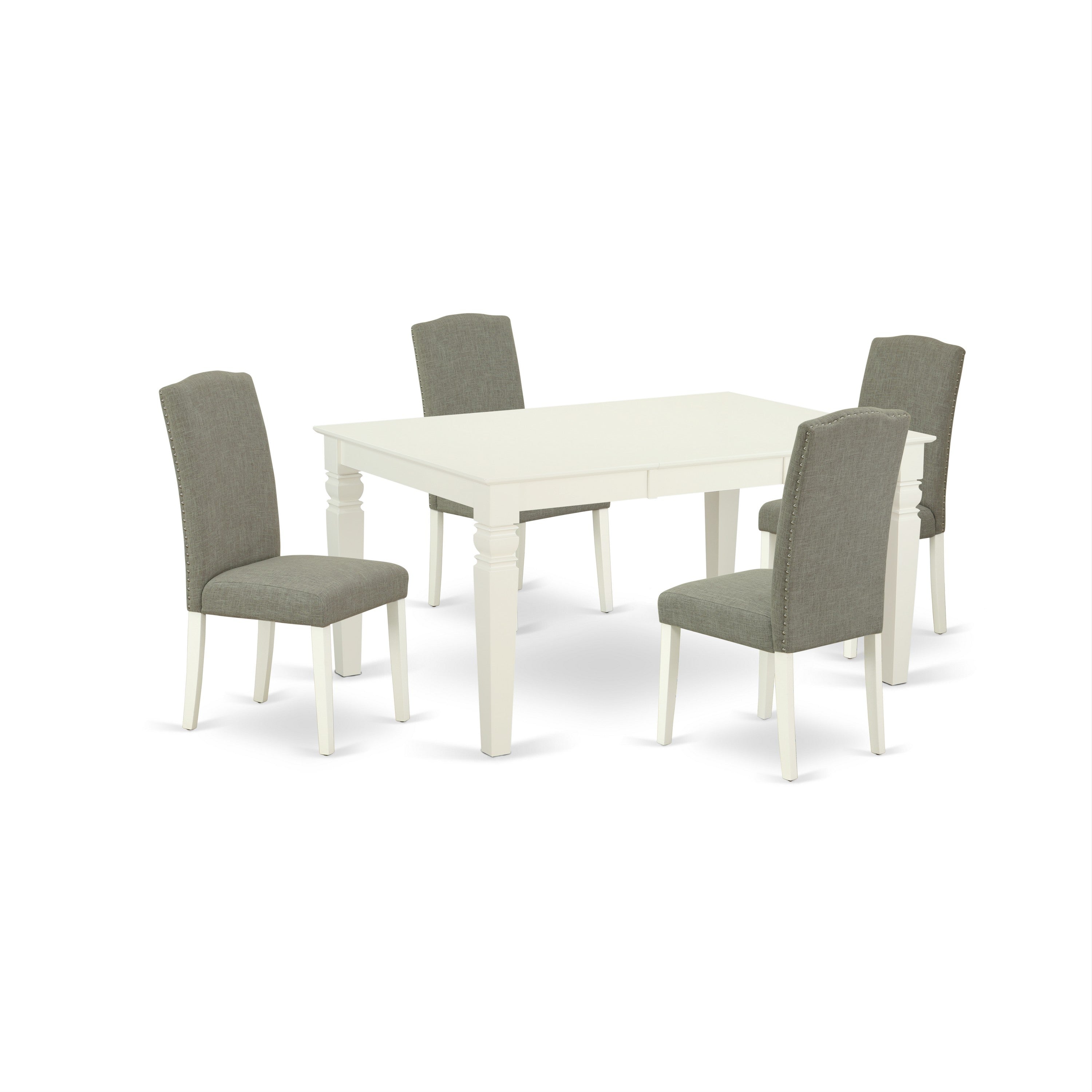 El juego de mesa de comedor de 5 piezas East West Furniture WEEN5-LWH-06 incluye una mesa de cocina rectangular con diseño de hojas de mariposa y 4 sillas Parson de tela de lino shitake oscuro.
