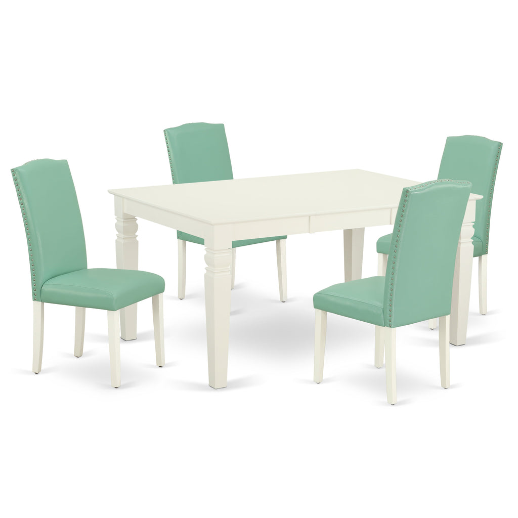 El juego de mesa de comedor de 5 piezas East West Furniture WEEN5-LWH-57 incluye una mesa de cocina rectangular con diseño de hojas de mariposa y 4 sillas tapizadas en piel sintética con estampado de estanque.