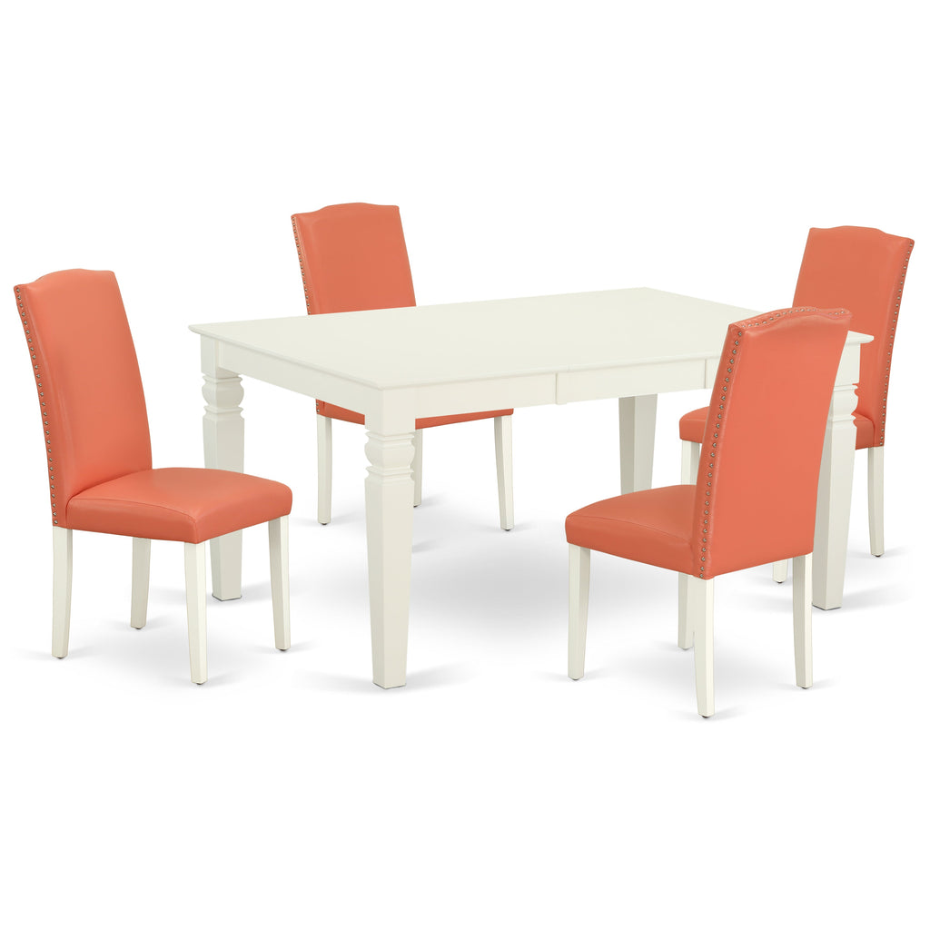 El juego de mesa de comedor de 5 piezas East West Furniture WEEN5-LWH-78 incluye una mesa de comedor rectangular con diseño de hojas de mariposa y 4 sillas Parson de cuero sintético con diseño de flamencos rosados.