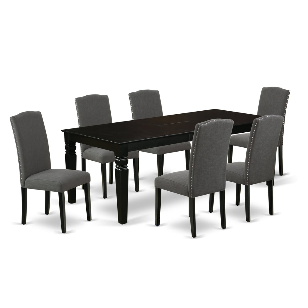 Juego de comedor de 7 piezas East West Furniture WEEN7-BLK-20 compuesto por una mesa de comedor rectangular con diseño de hojas de mariposa y 6 sillas tapizadas en tela de lino Gotham oscuro.