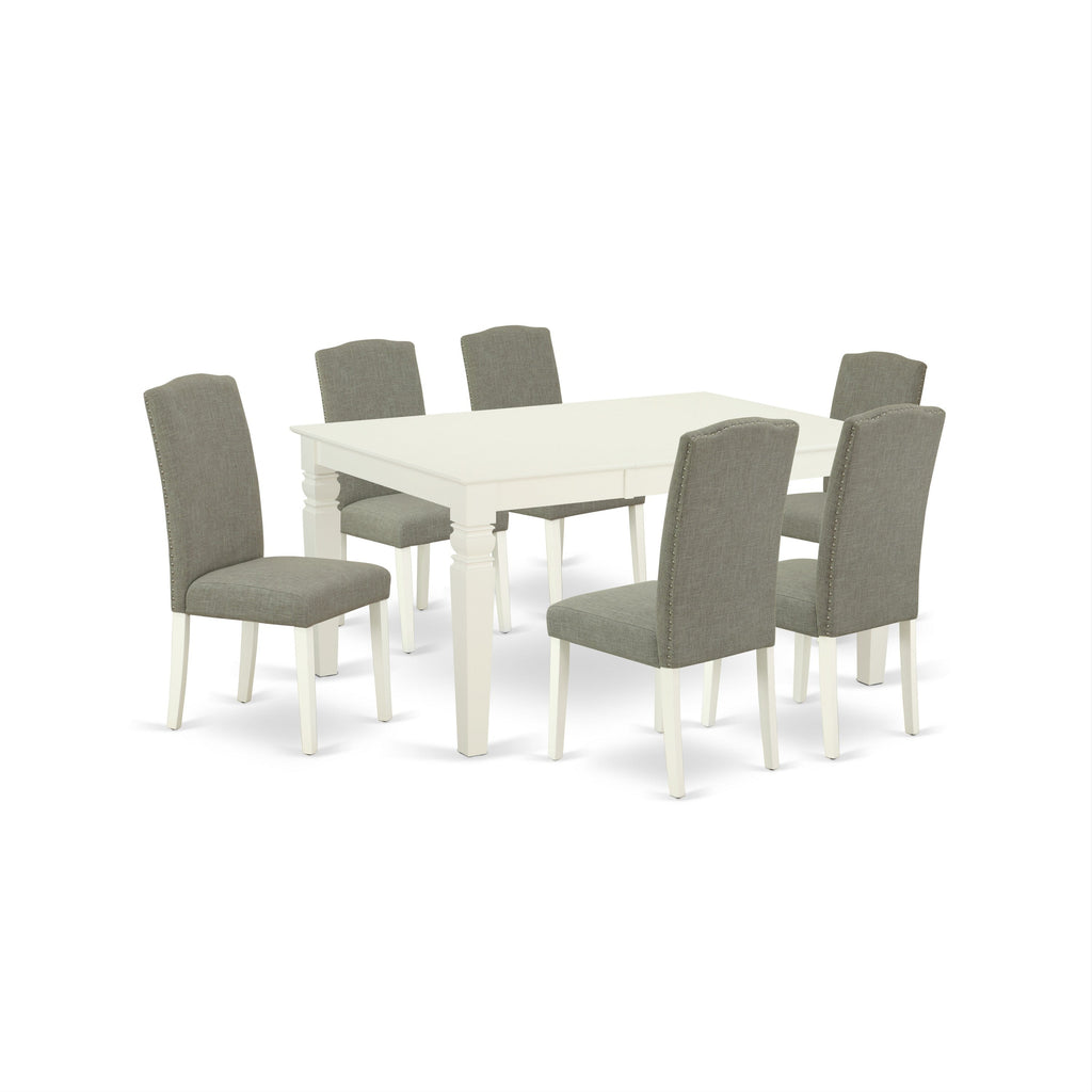 Juego de comedor de 7 piezas East West Furniture WEEN7-LWH-06 compuesto por una mesa rectangular con hojas de mariposa y 6 sillas tapizadas en tela de lino shitake oscuro.