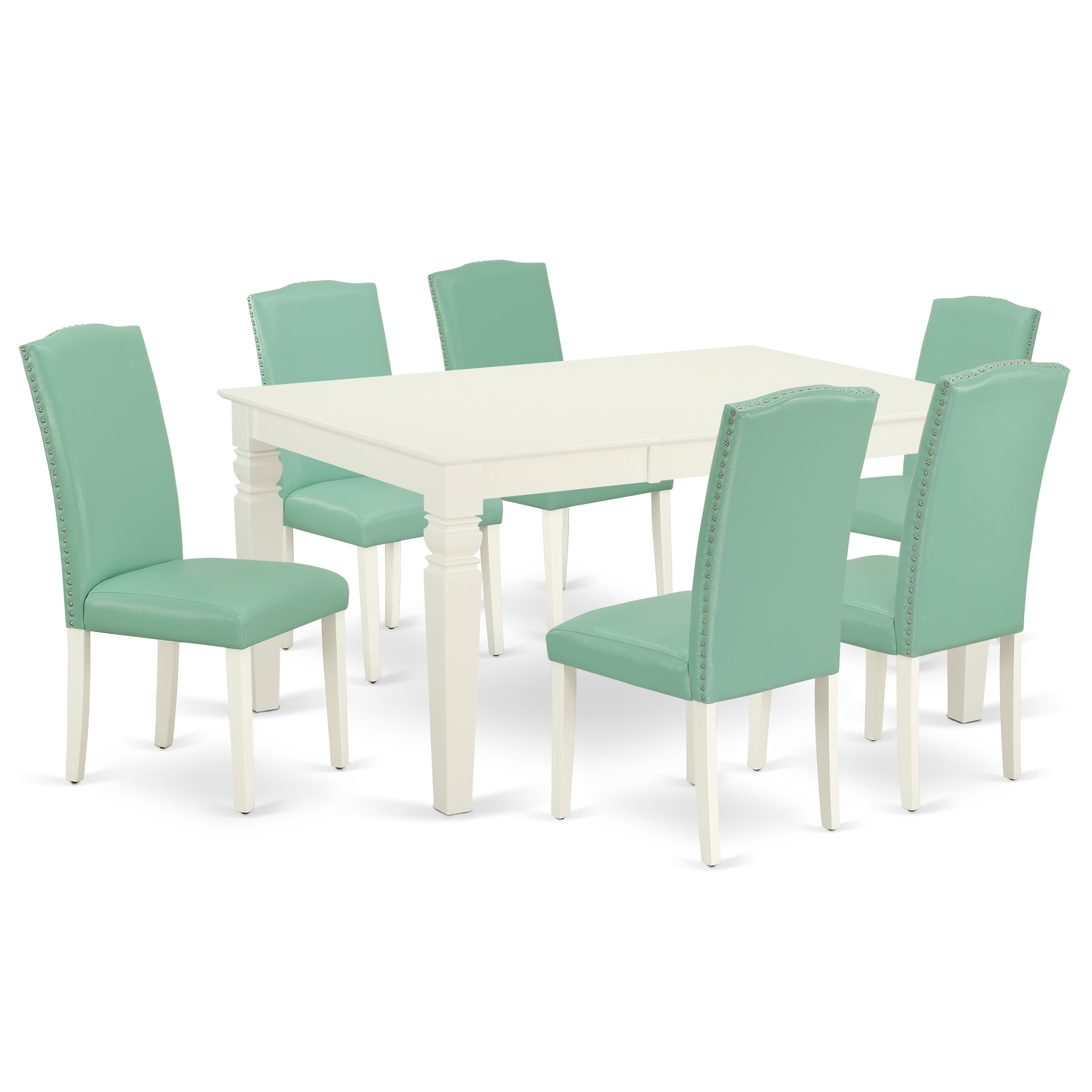 Juego de mesa de cocina de 7 piezas East West Furniture WEEN7-LWH-57 compuesto por una mesa de comedor rectangular con diseño de hojas de mariposa y 6 sillas de comedor Parsons de piel sintética con estampado de estanque.