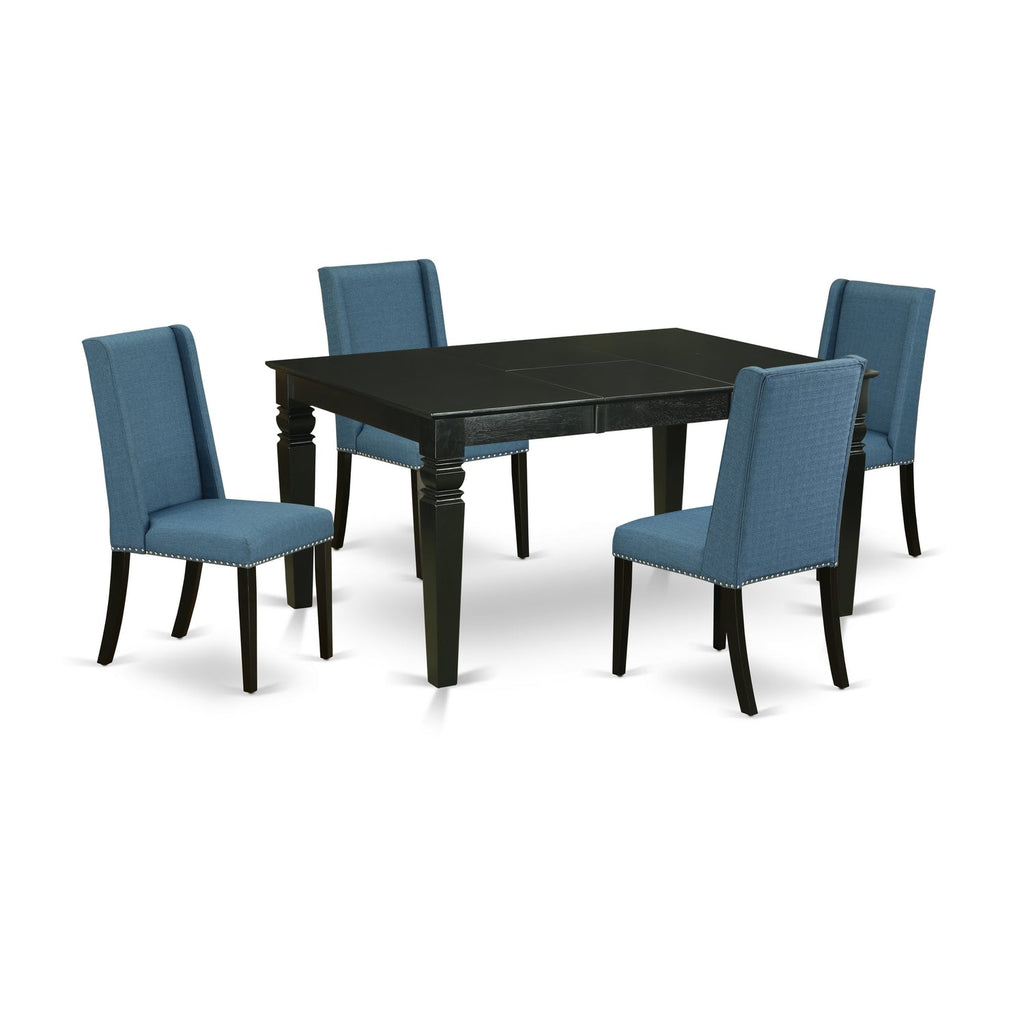 Juego de mesa de comedor de 5 piezas East West Furniture WEFL5-BLK-21 para 4 personas. Incluye una mesa de cocina rectangular con diseño de hojas de mariposa y 4 sillas tapizadas en tela de lino azul.
