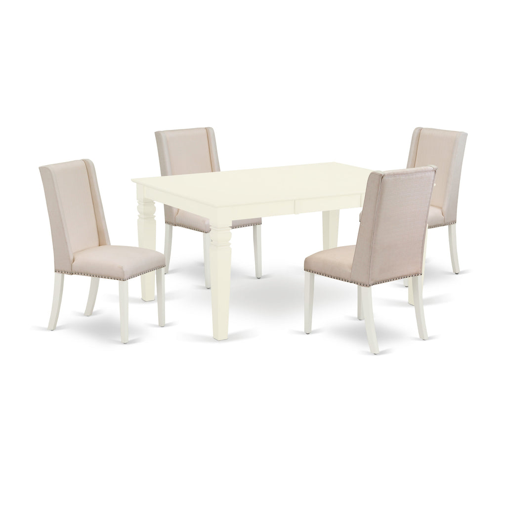 Juego de mesa de comedor moderna de 5 piezas East West Furniture WEFL5-WHI-01. Incluye una mesa rectangular de madera con diseño de hojas de mariposa y 4 sillas de comedor Parson de tela de lino color crema.