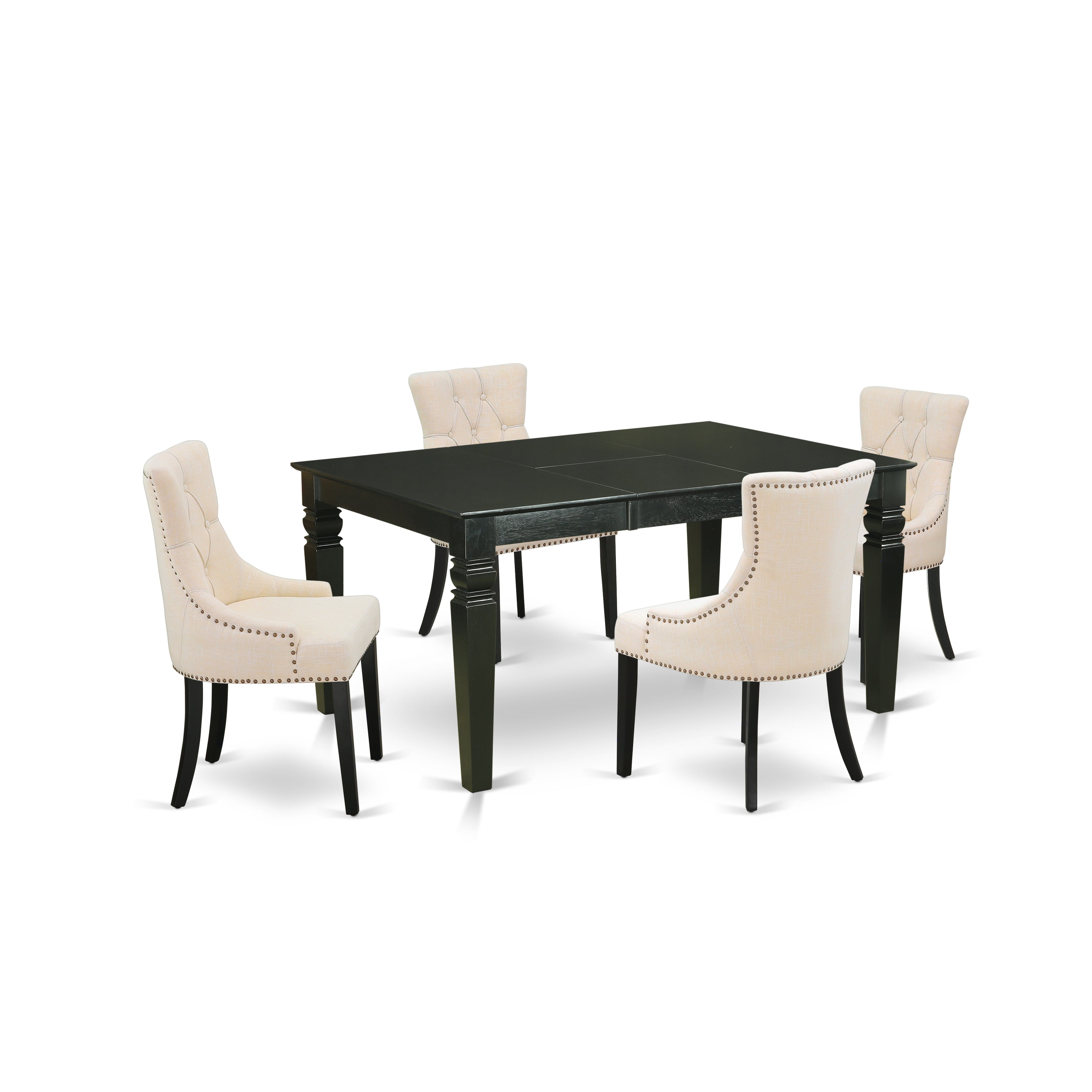 East West Furniture WEFR5-BLK-02 Juego de mesa de cocina de 5 piezas para 4 personas. Incluye una mesa de comedor rectangular con diseño de hojas de mariposa y 4 sillas Parson de tela de lino beige claro.