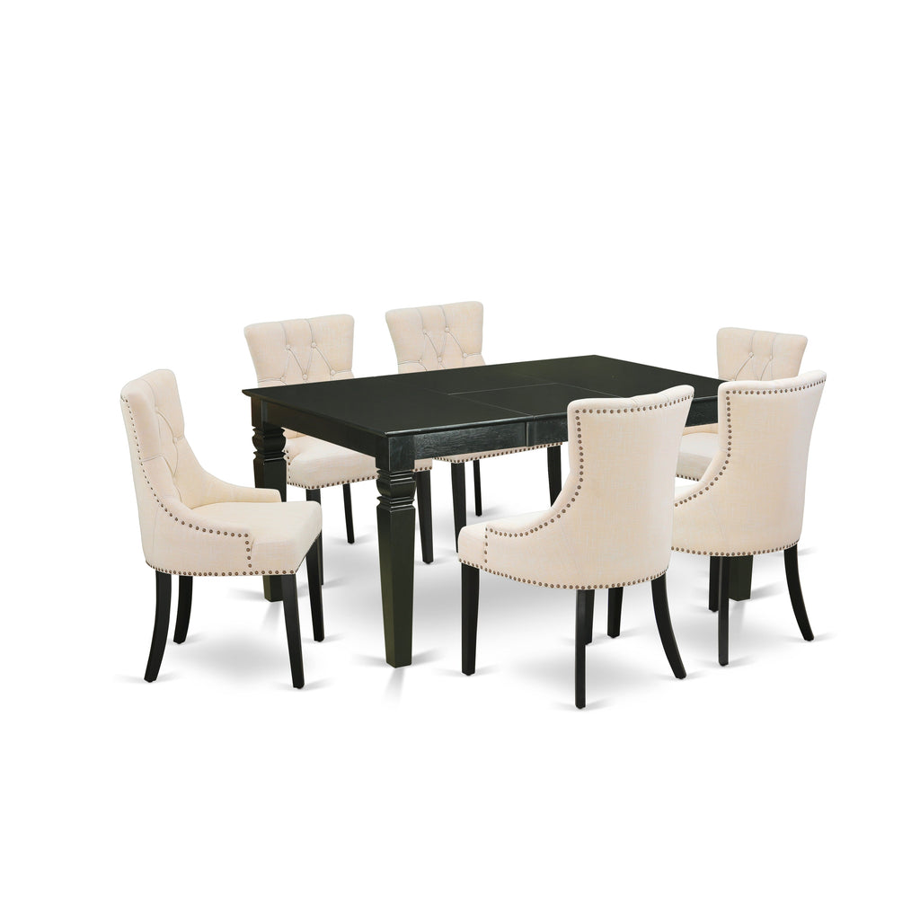 East West Furniture WEFR7-BLK-02 7 Piece Dinette Set Consist of a Rectangle Dining Room Table with Butterfly Leaf and 6 Light Beige Linen Fabric Upholstered Chairs, 42x60 Inch, Black