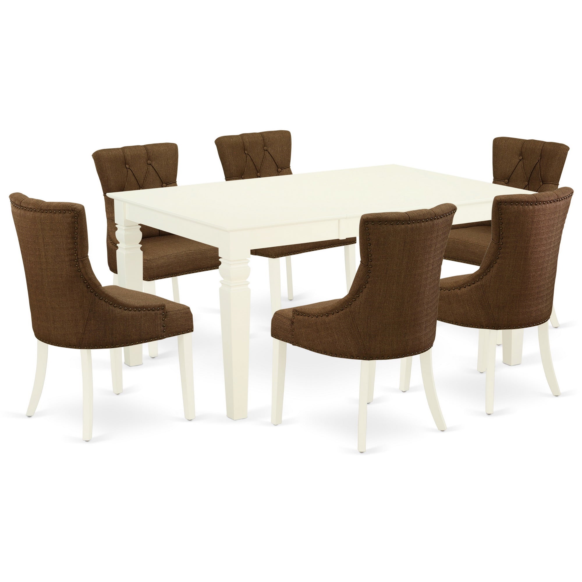 WEFR7-WHI-18 7Pc Dinette Set Includes a Rectangular Kitchen Table with Butterfly Leaf and Six Parson Chairs with Dark Coffee Fabric, White Finish