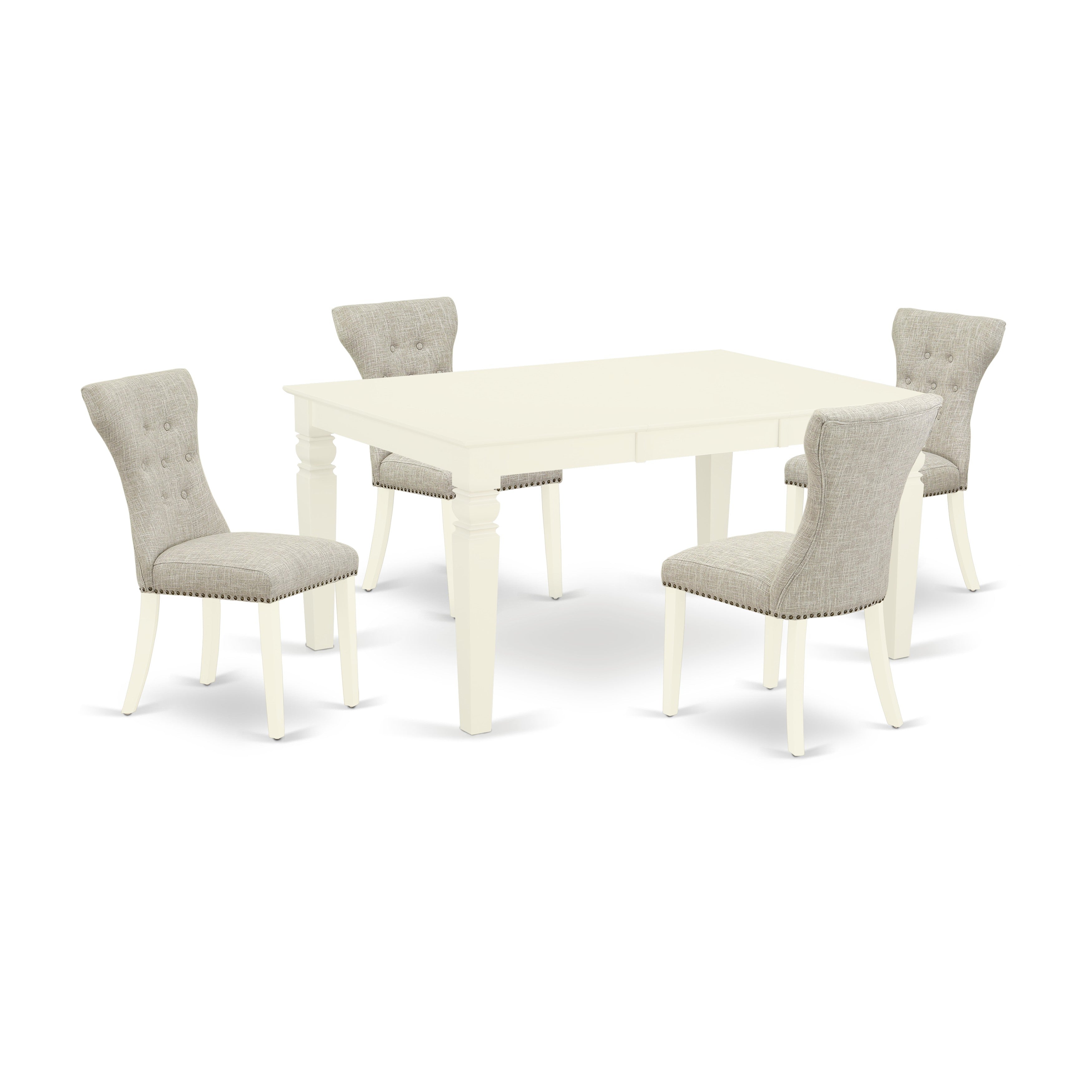 El juego de comedor de 5 piezas East West Furniture WEGA5-WHI-35 incluye una mesa de comedor rectangular con diseño de hojas de mariposa y 4 sillas Parson tapizadas en tela de lino y piel de venado.