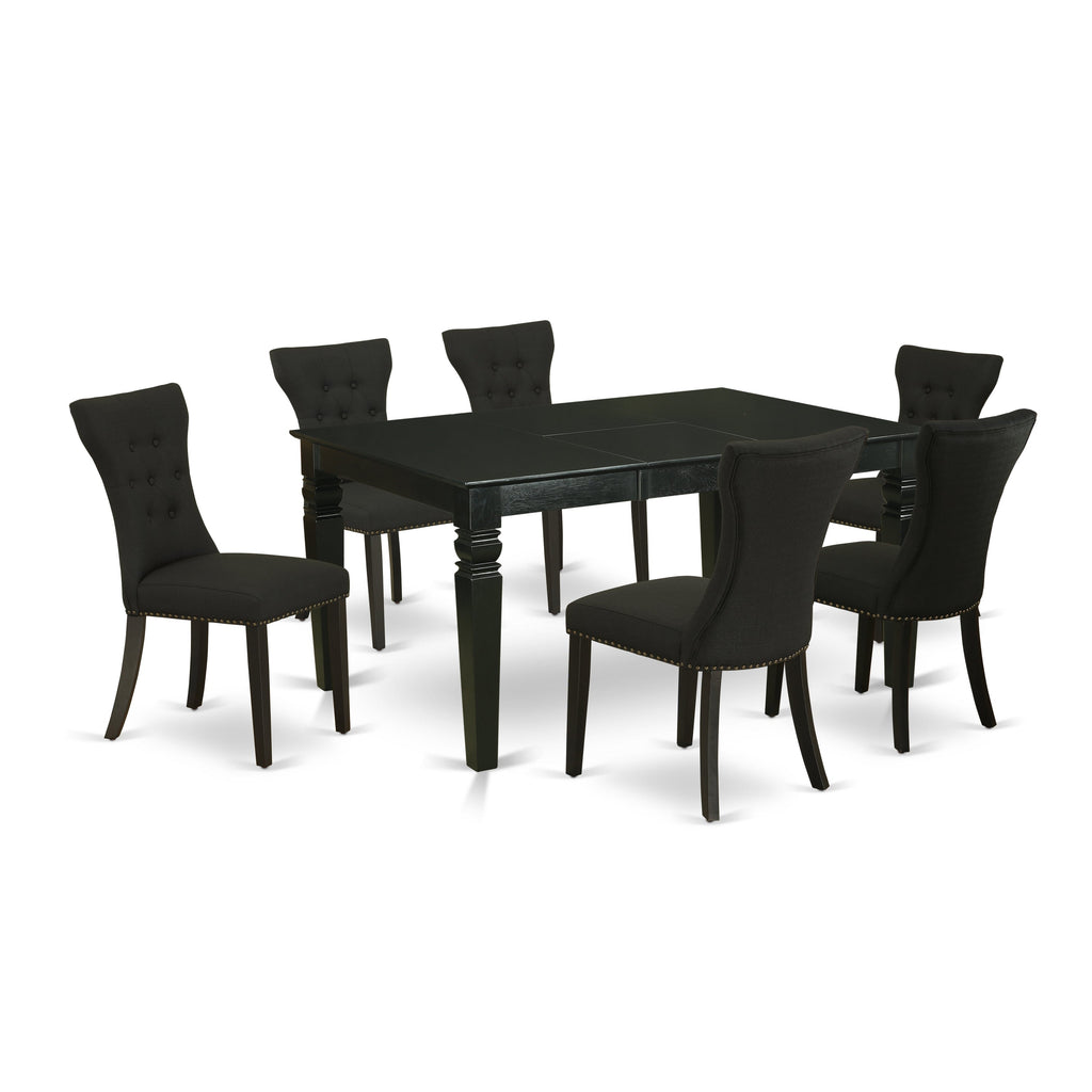 El juego de mesa de cocina East West Furniture WEGA7-BLK-24 de 7 piezas consta de una mesa de comedor rectangular con diseño de hojas de mariposa y 6 sillas de comedor Parsons de tela de lino negro.