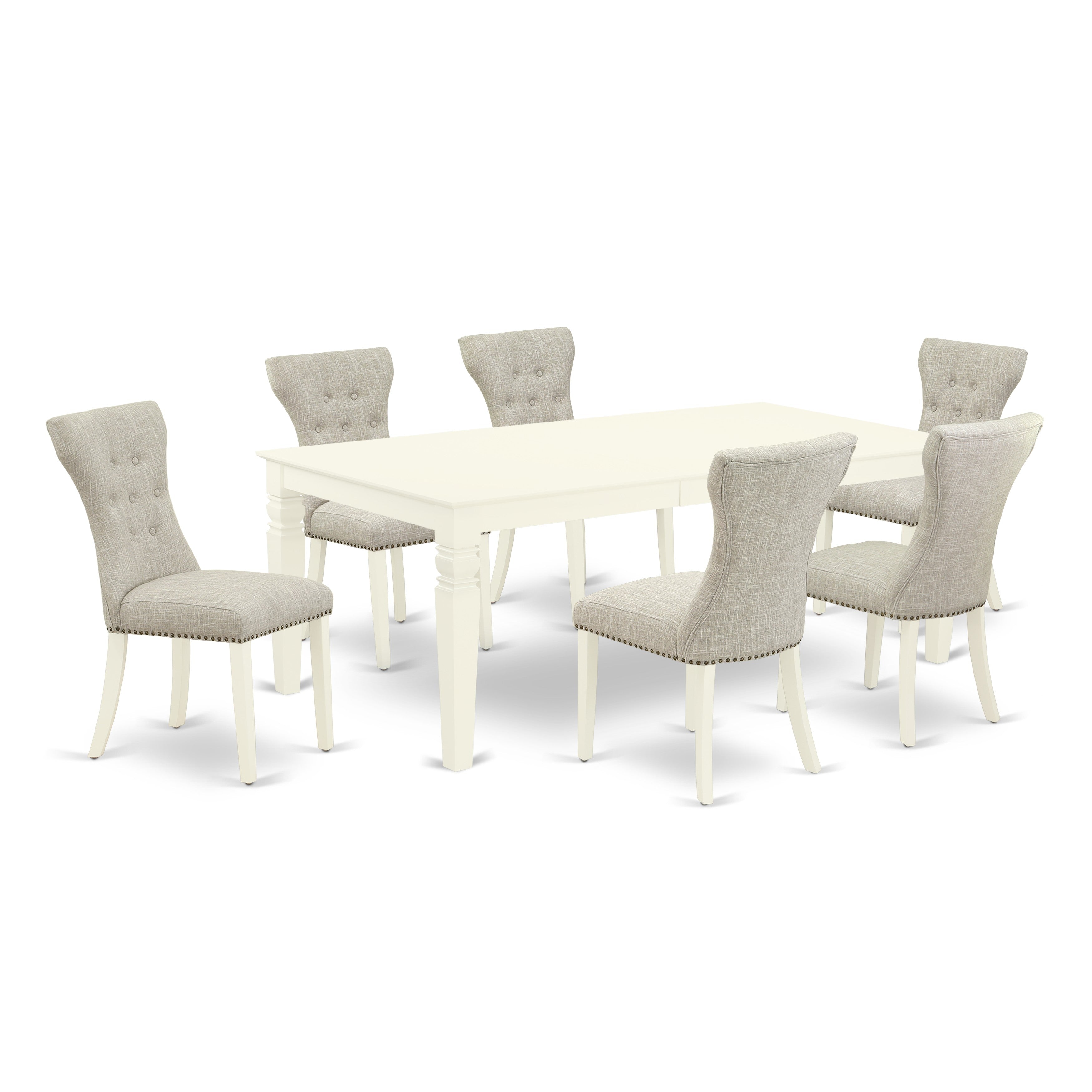 Juego de mesa y sillas de cocina East West Furniture WEGA7-WHI-35 de 7 piezas. Incluye una mesa de comedor rectangular con diseño de hojas de mariposa y 6 sillas Parson de tela de lino y piel de venado.