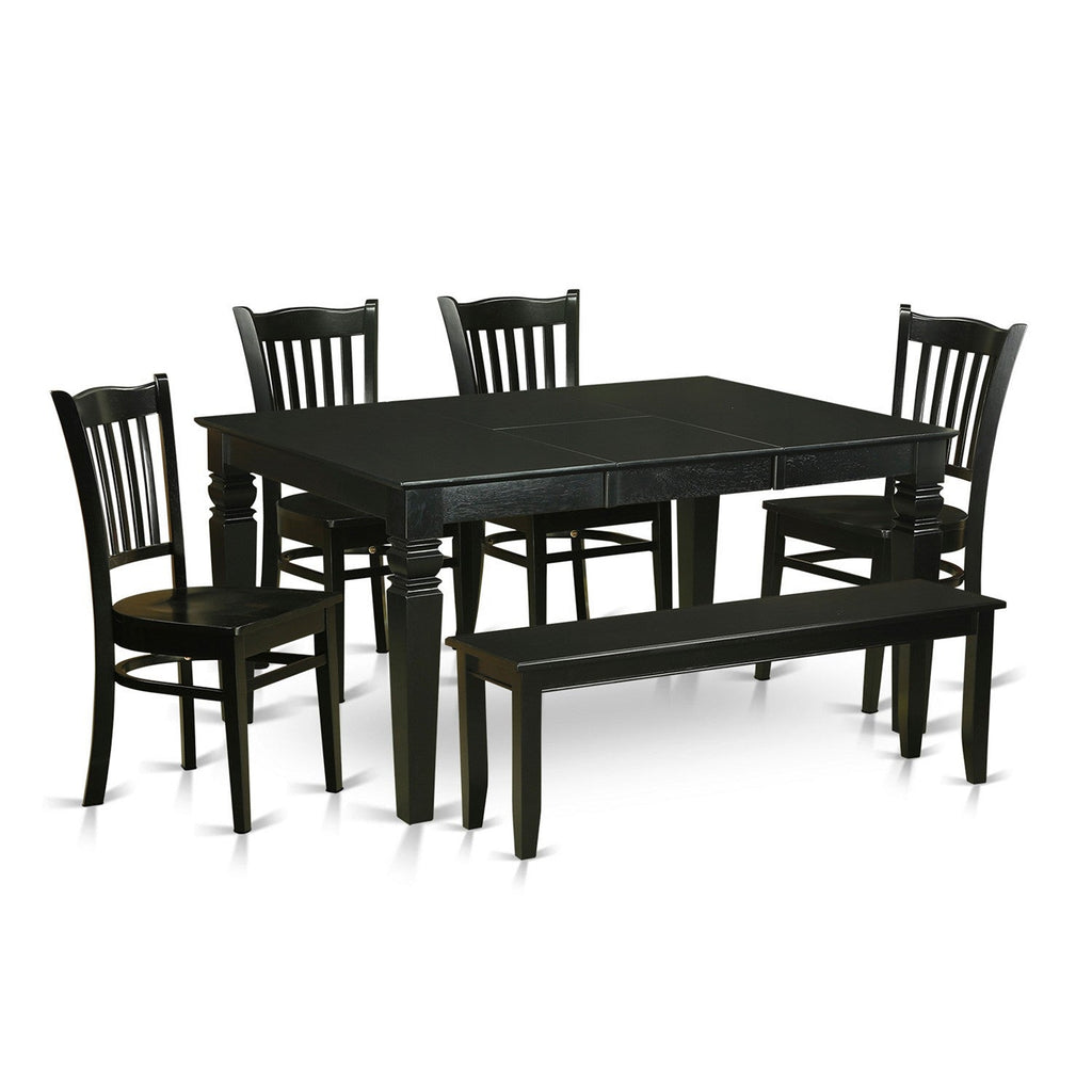 East West Furniture WEGR6D-BLK-W 6 Piece Kitchen Table Set Contains a Rectangle Dining Table with Butterfly Leaf and 4 Dining Chairs with a Bench