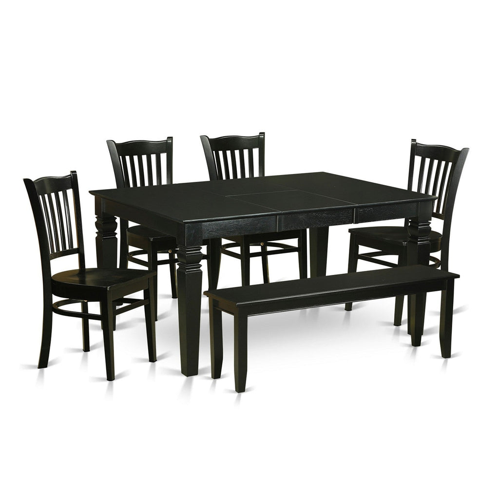 East West Furniture WEGR6D-BLK-W 6 Piece Kitchen Table Set Contains a Rectangle Dining Table with Butterfly Leaf and 4 Dining Chairs with a Bench, 42x60 Inch, Black