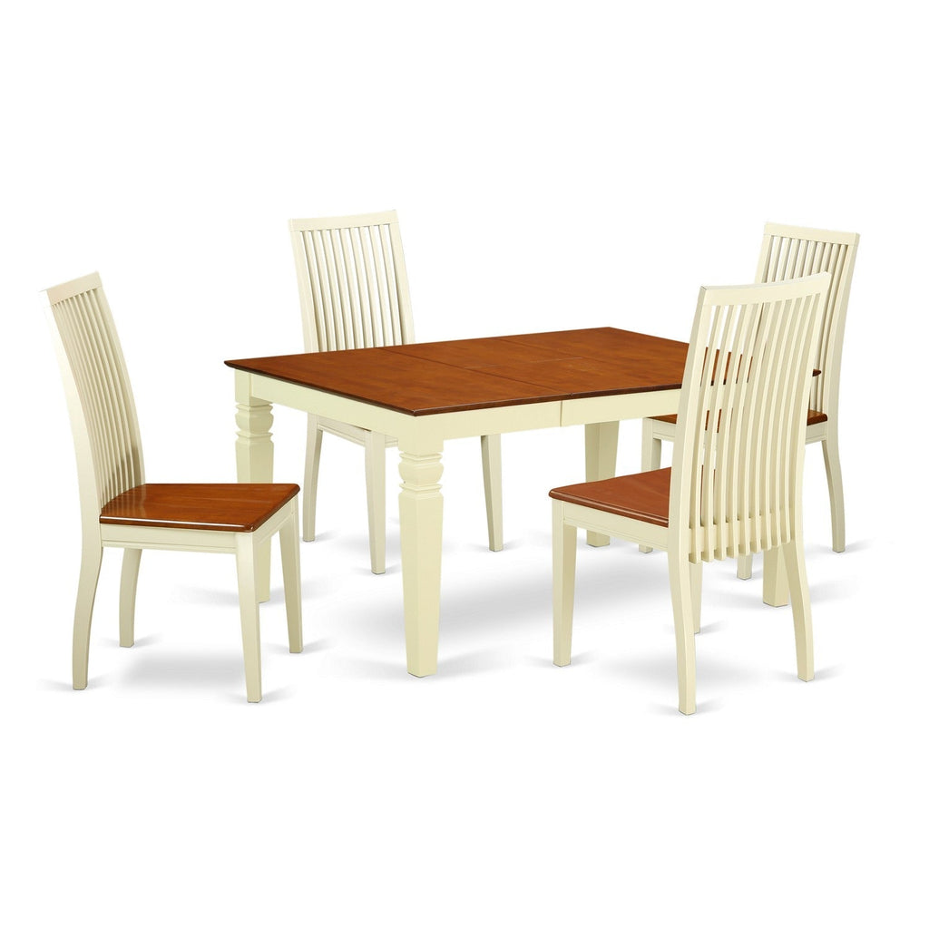 El juego de comedor de 5 piezas East West Furniture WEIP5-BMK-W incluye una mesa de comedor rectangular con hojas de mariposa y 4 sillas de cocina.